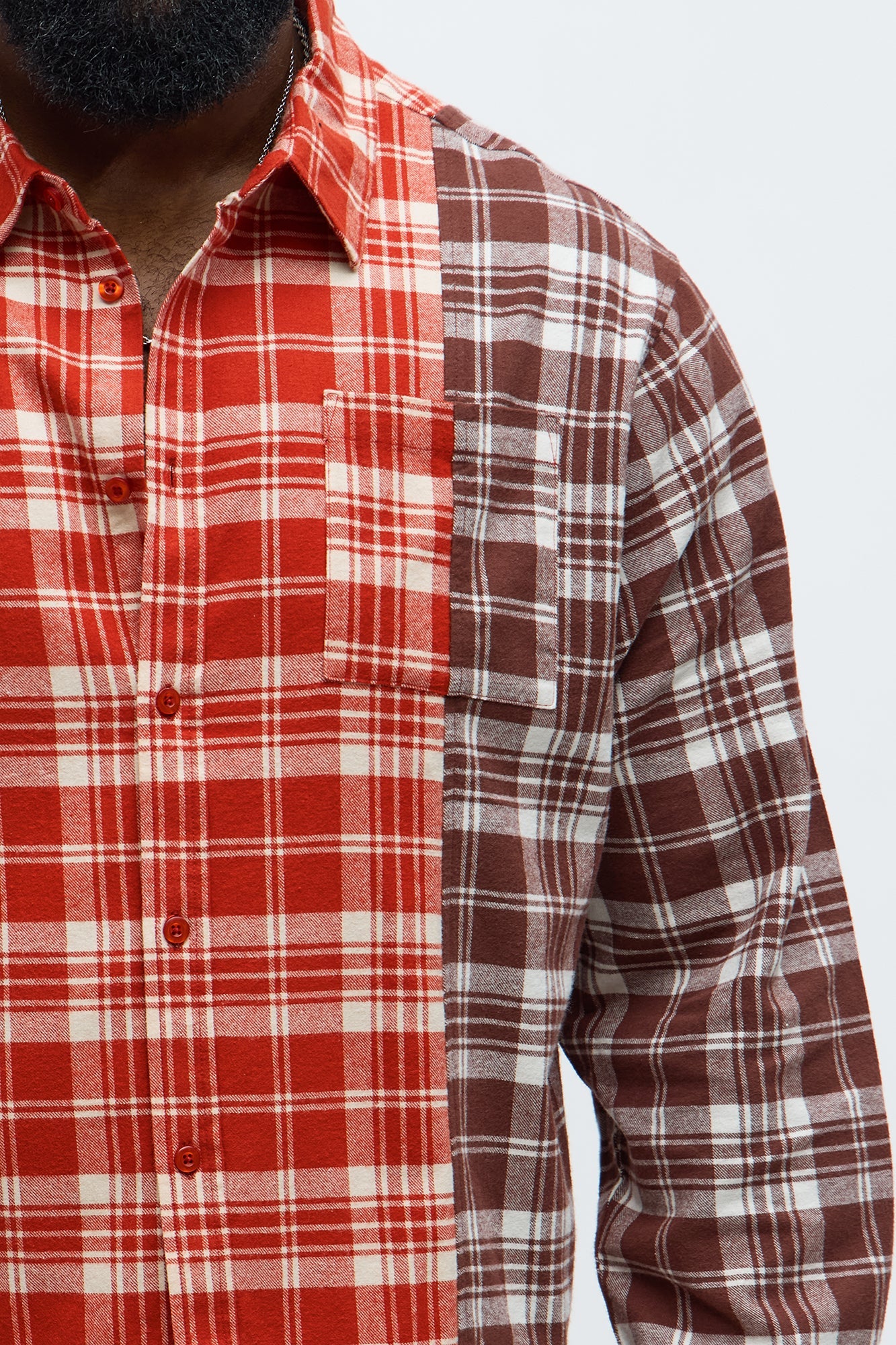 Split Flannel Button Up Shirt - Red/combo