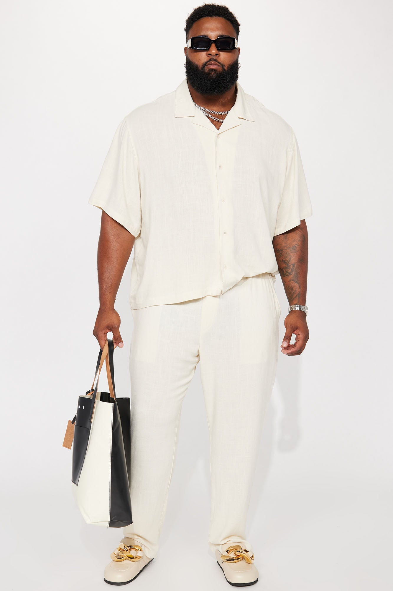 Solid Textured Linen Pull On Side Slit Pants - Cream