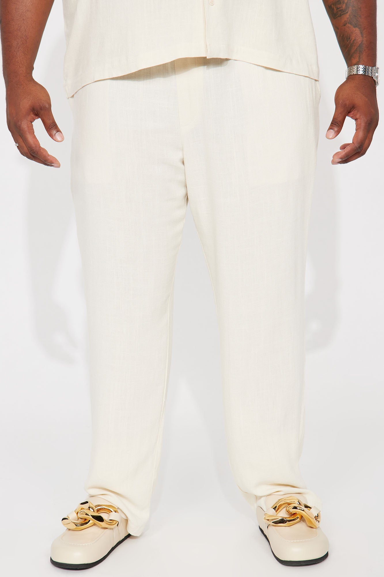 Solid Textured Linen Pull On Side Slit Pants - Cream