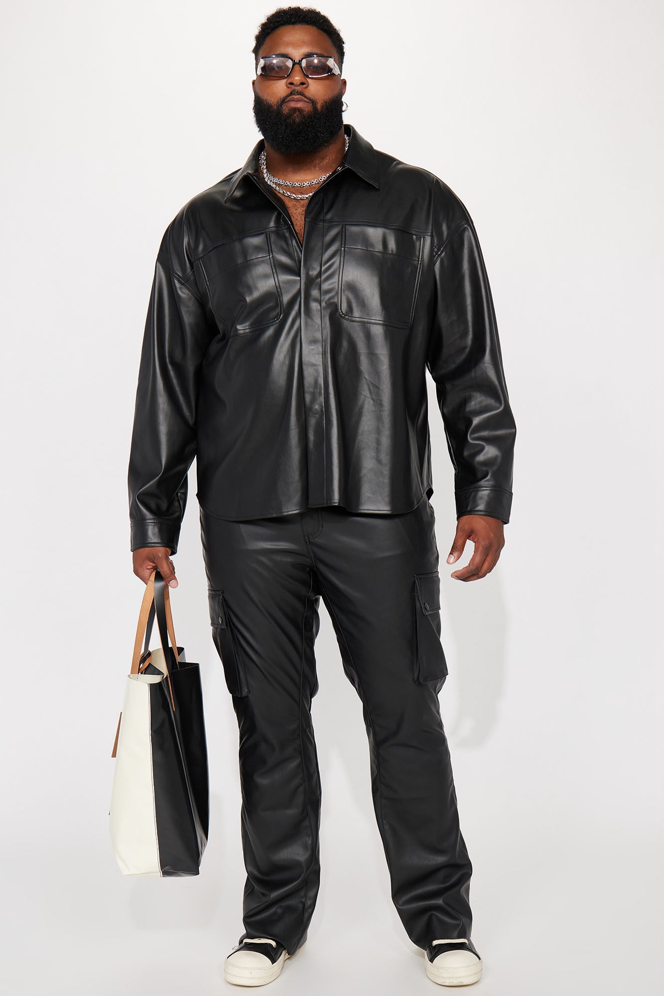 Finest Faux Leather Cargo Slim Flare Pants - Black