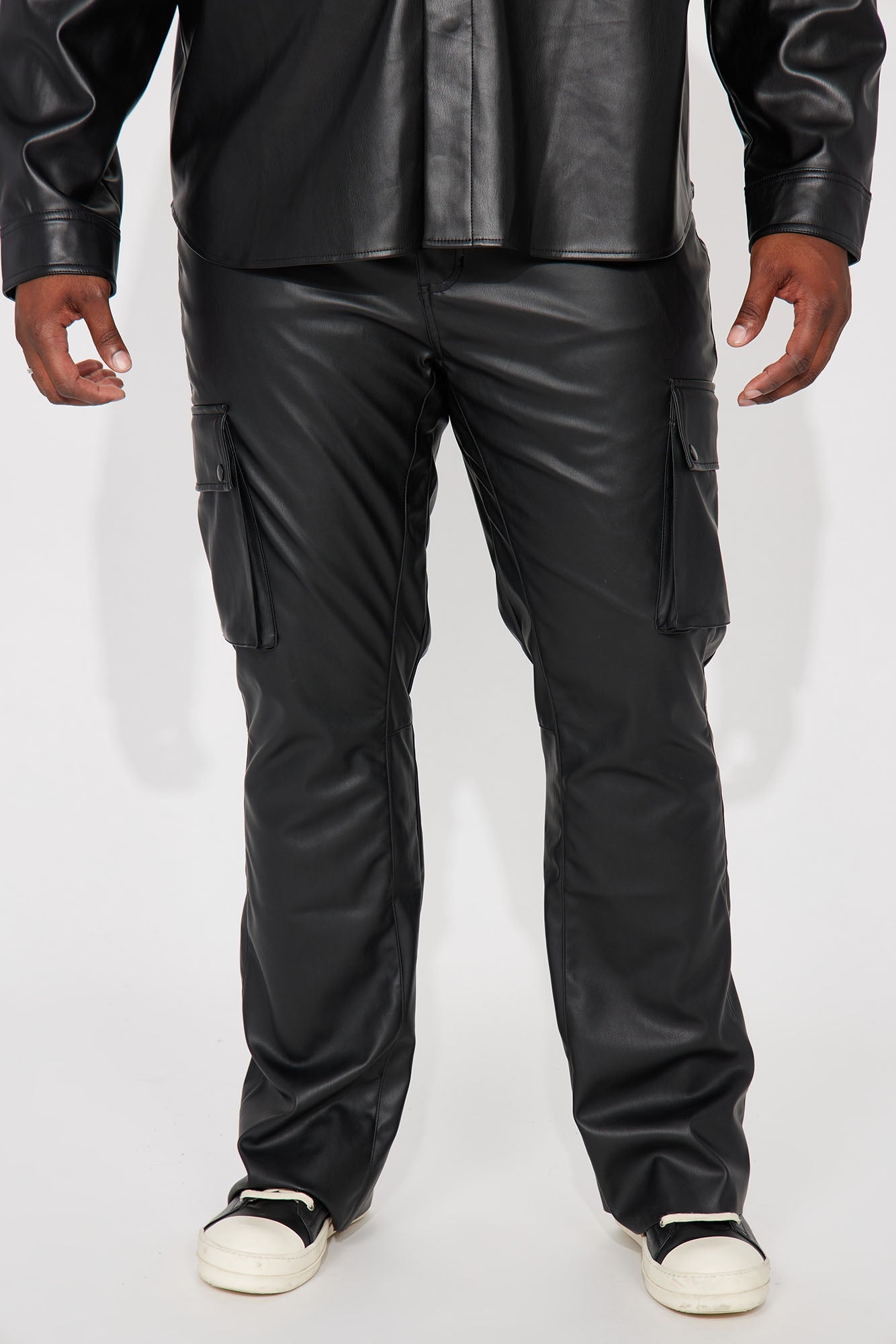 Finest Faux Leather Cargo Slim Flare Pants - Black
