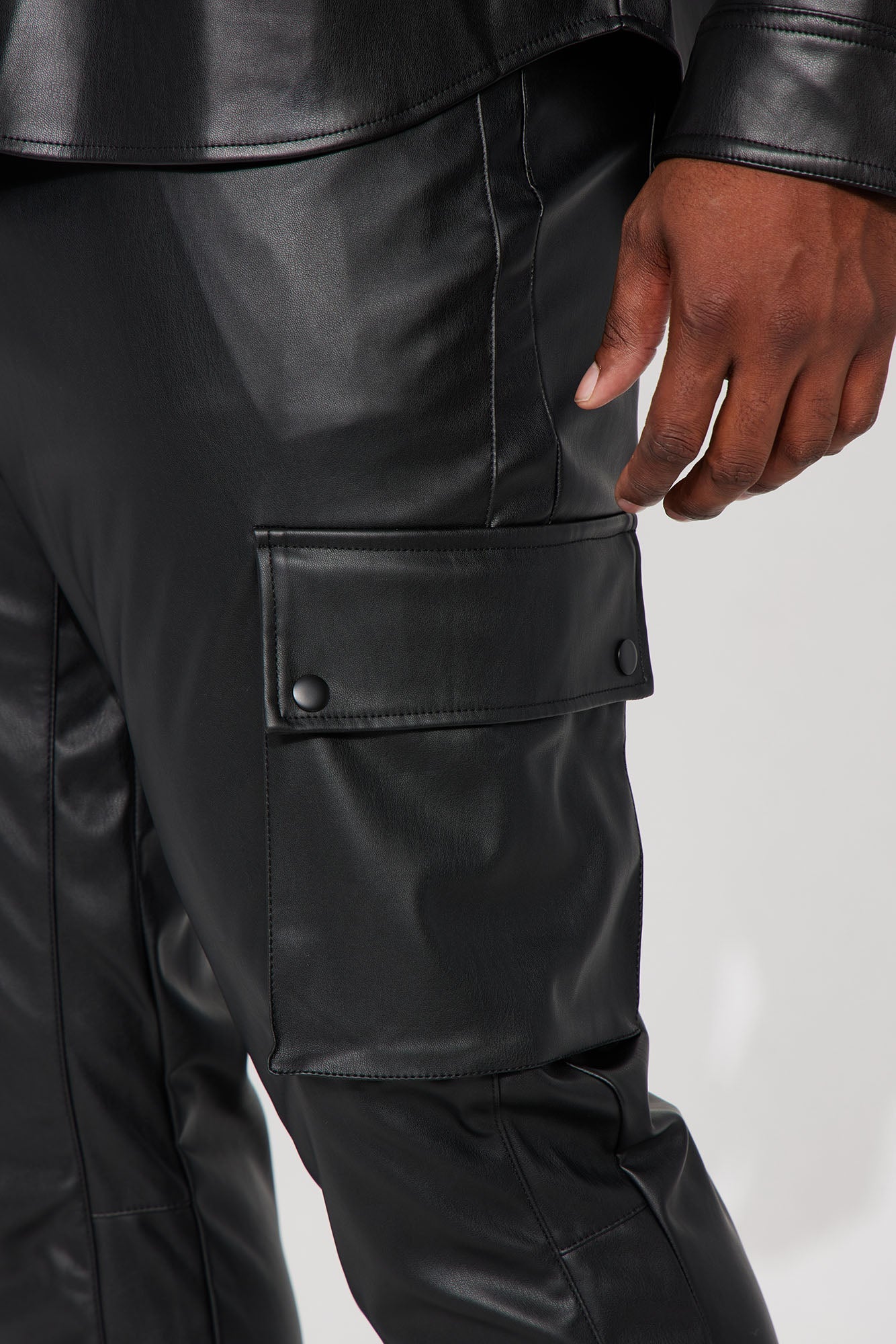 Finest Faux Leather Cargo Slim Flare Pants - Black