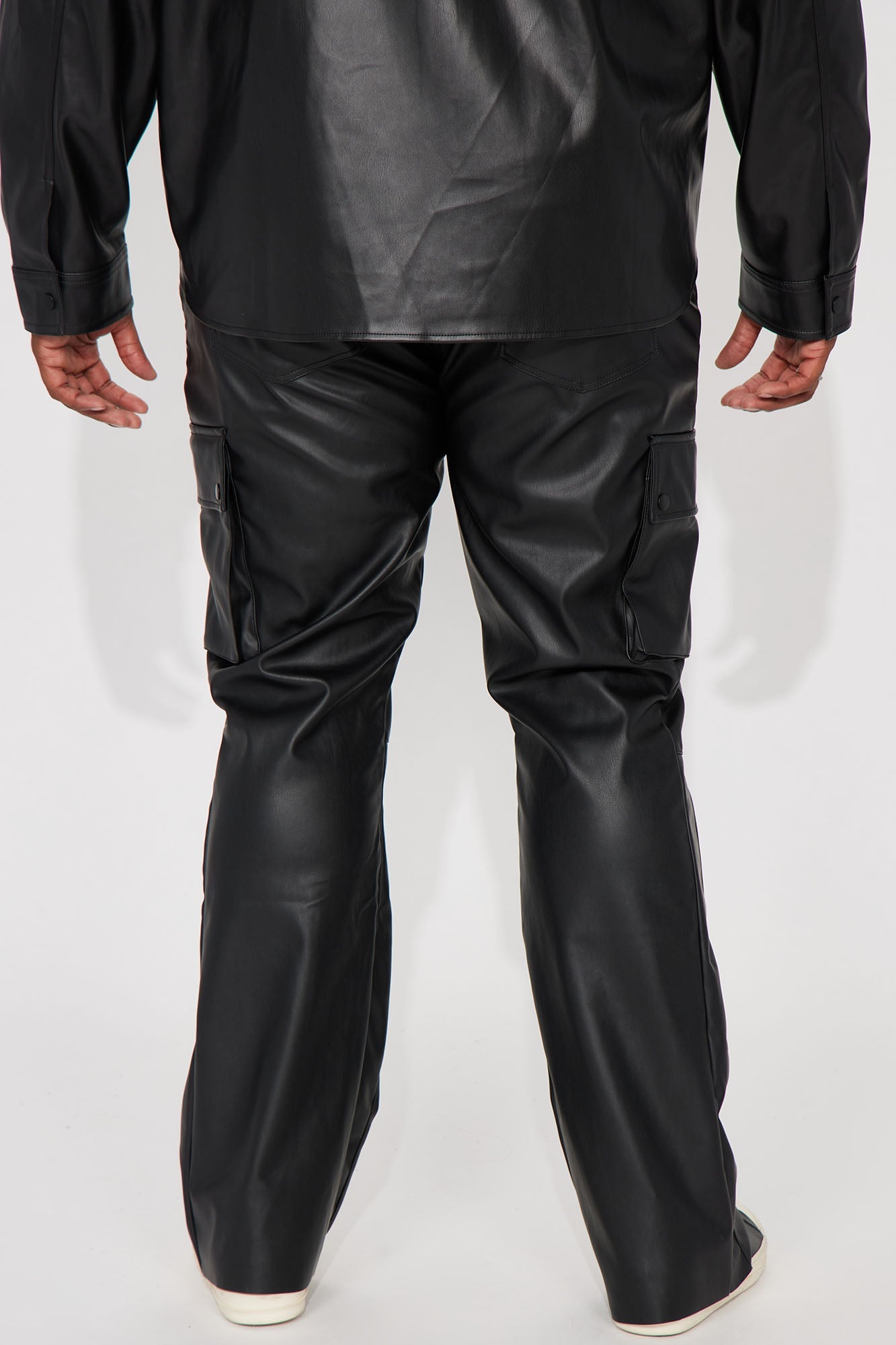 Finest Faux Leather Cargo Slim Flare Pants - Black