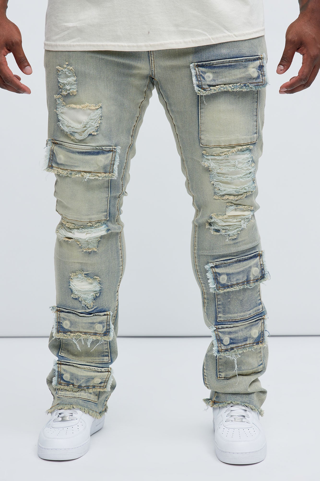 Get Started Cargo Stacked Skinny Flare Jeans - Medium Wash