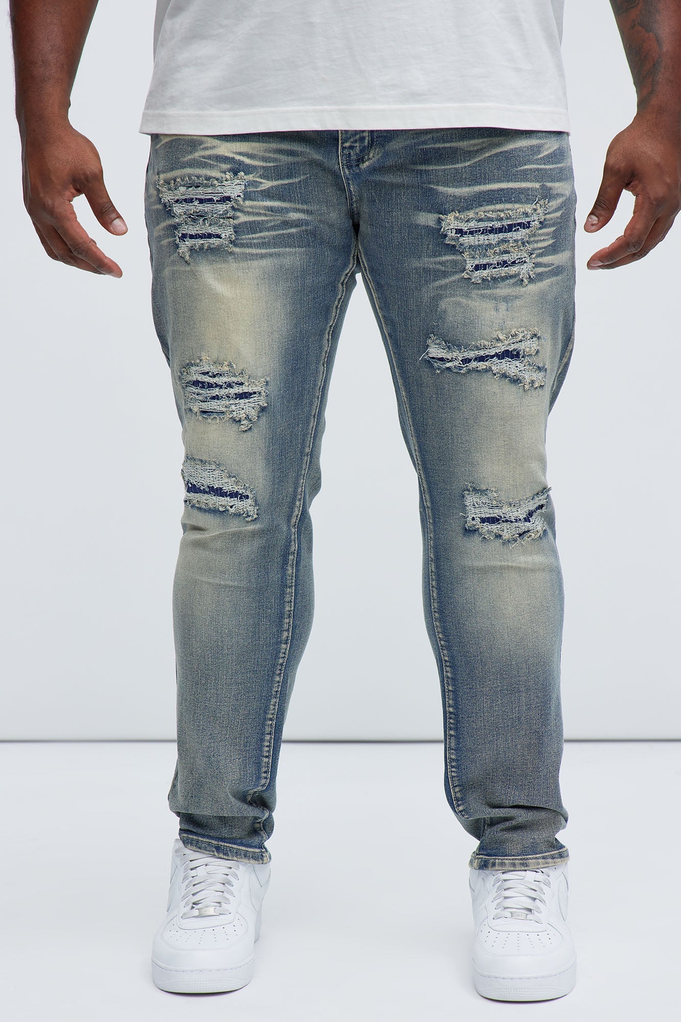 Come My Way Ripped Stacked Skinny Jeans - Dark Wash