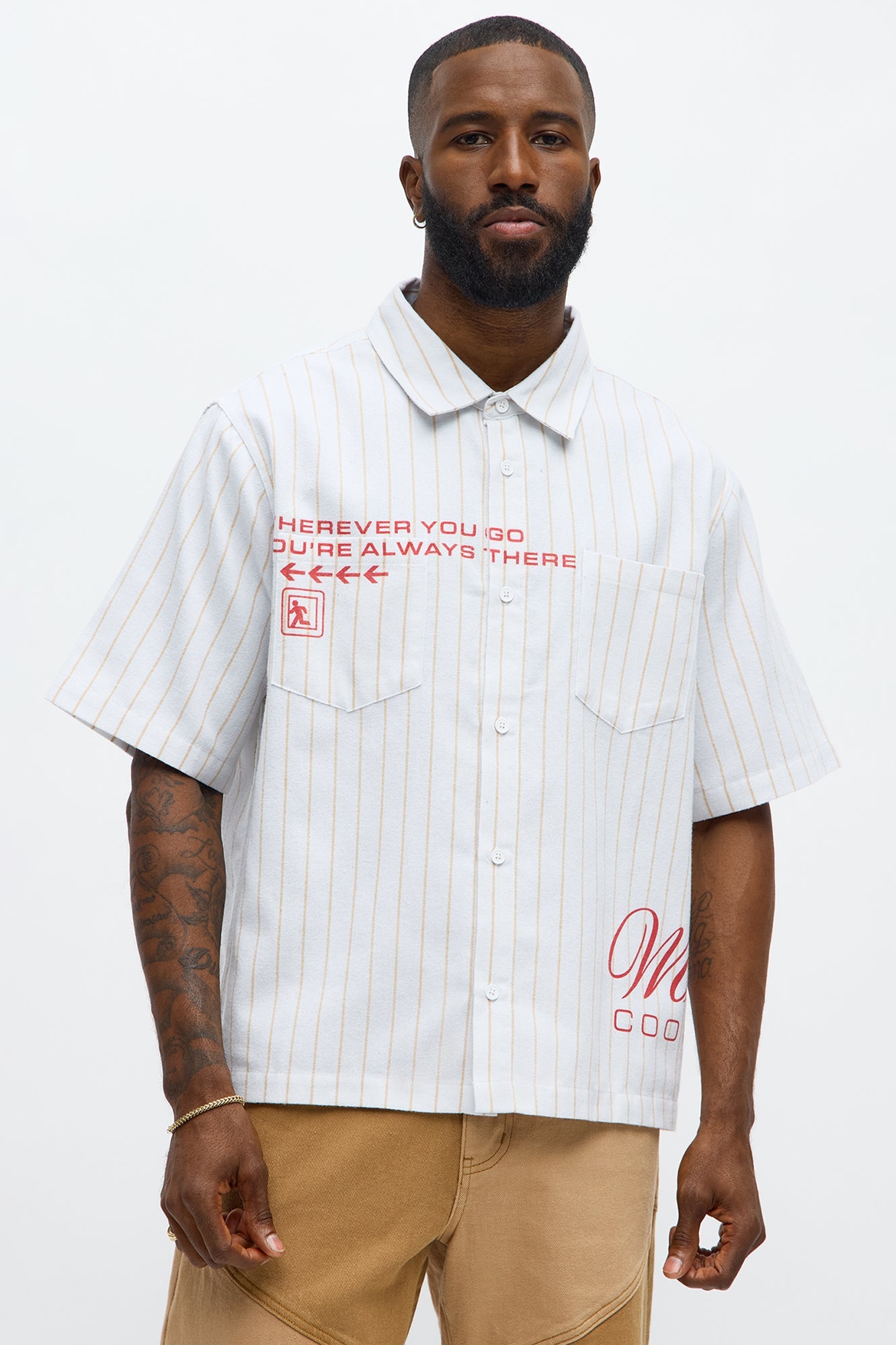 Worldwide Striped Cropped Button Up Shirt - White