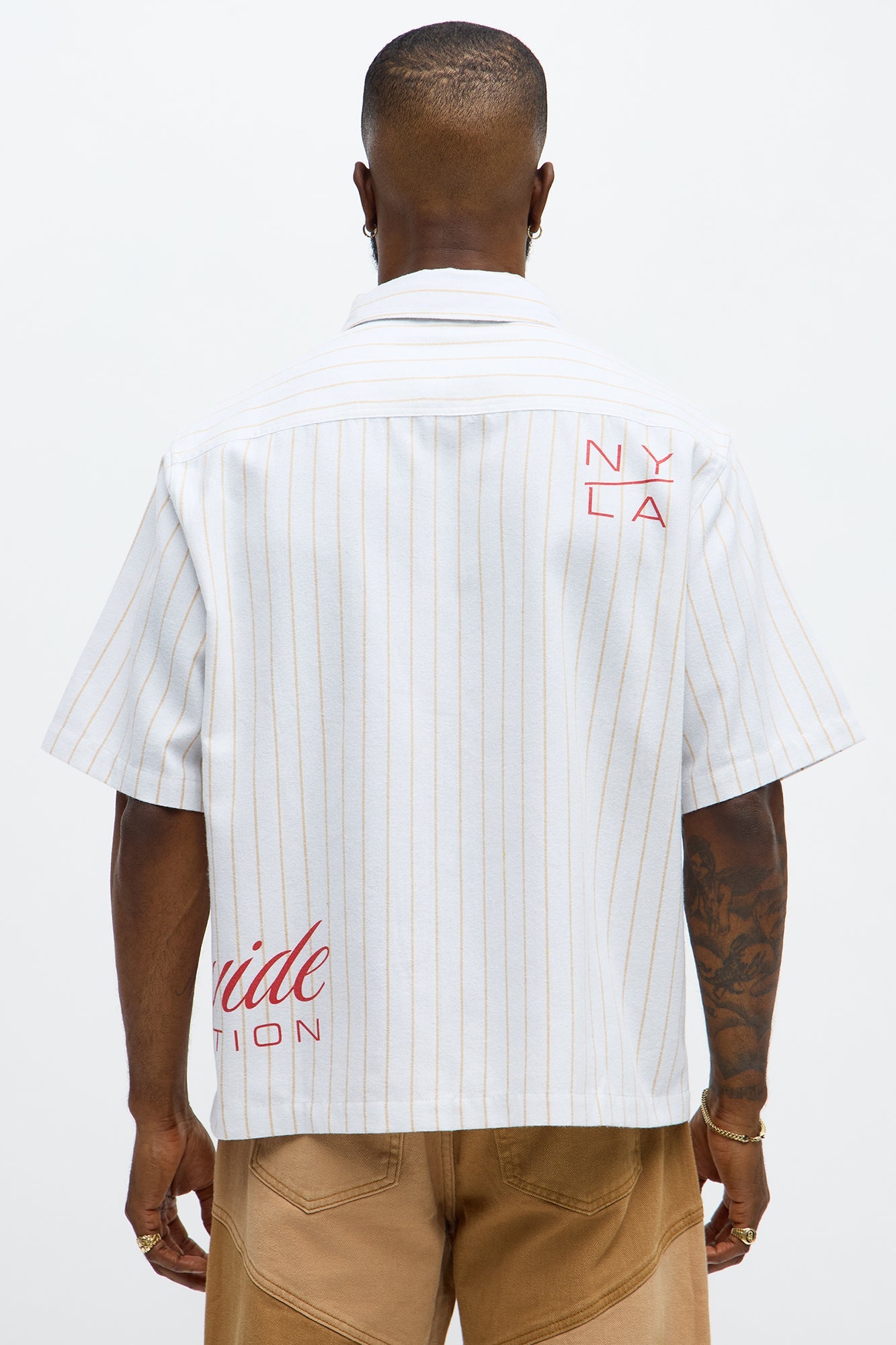 Worldwide Striped Cropped Button Up Shirt - White