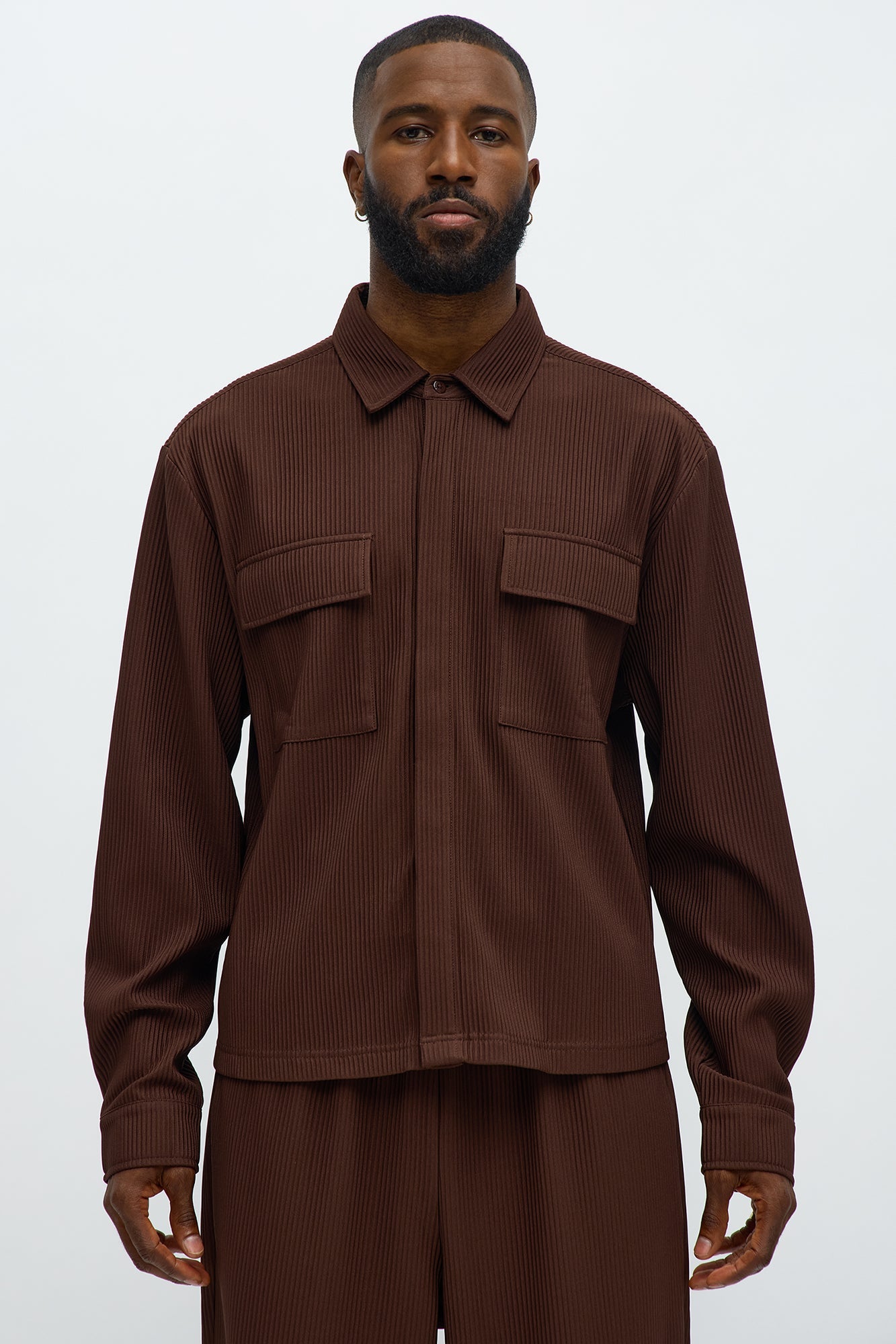 Show Up Cropped Long Sleeve Button Up Shirt - Brown