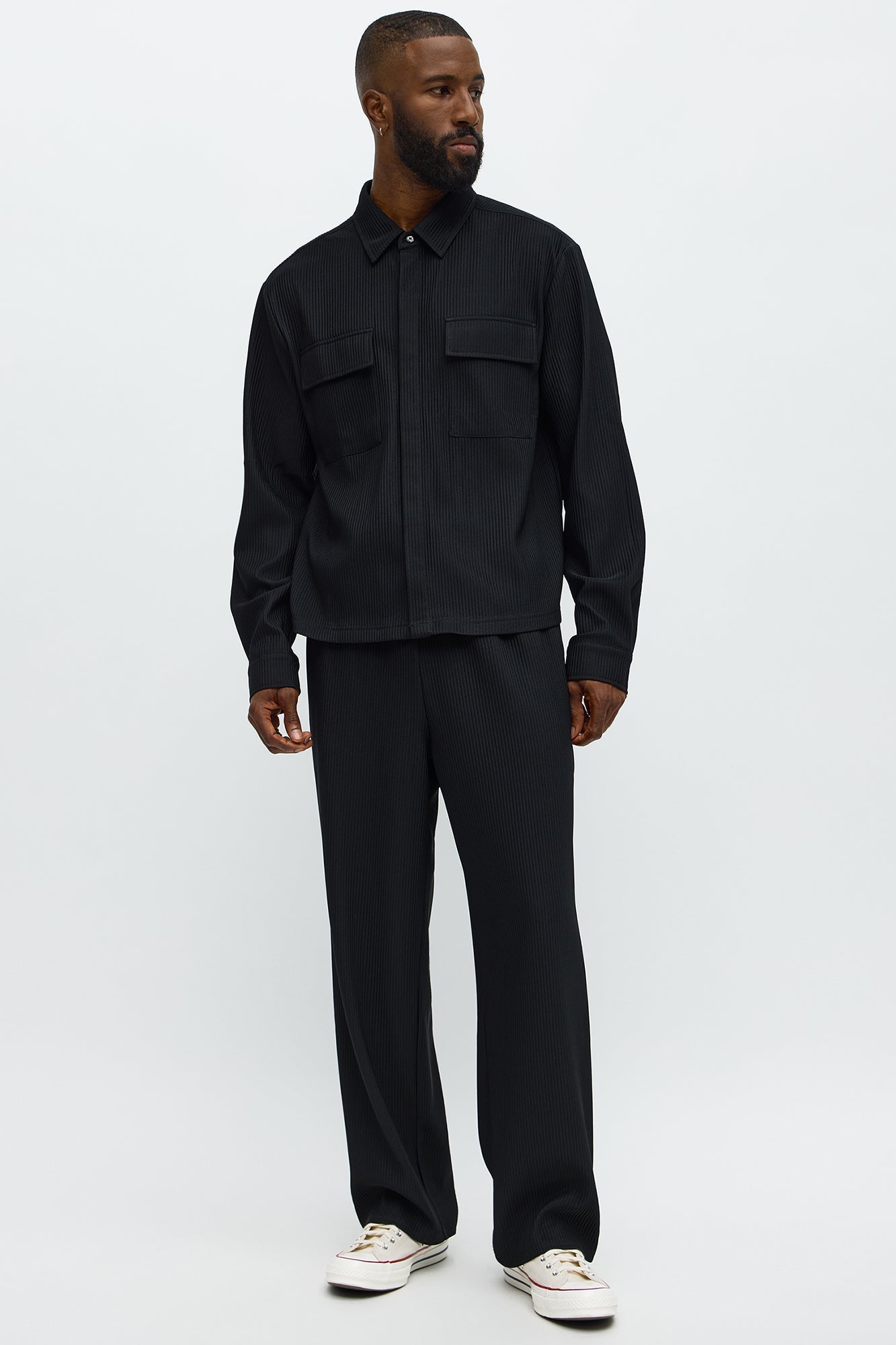 Show Up Cropped Long Sleeve Button Up Shirt - Black