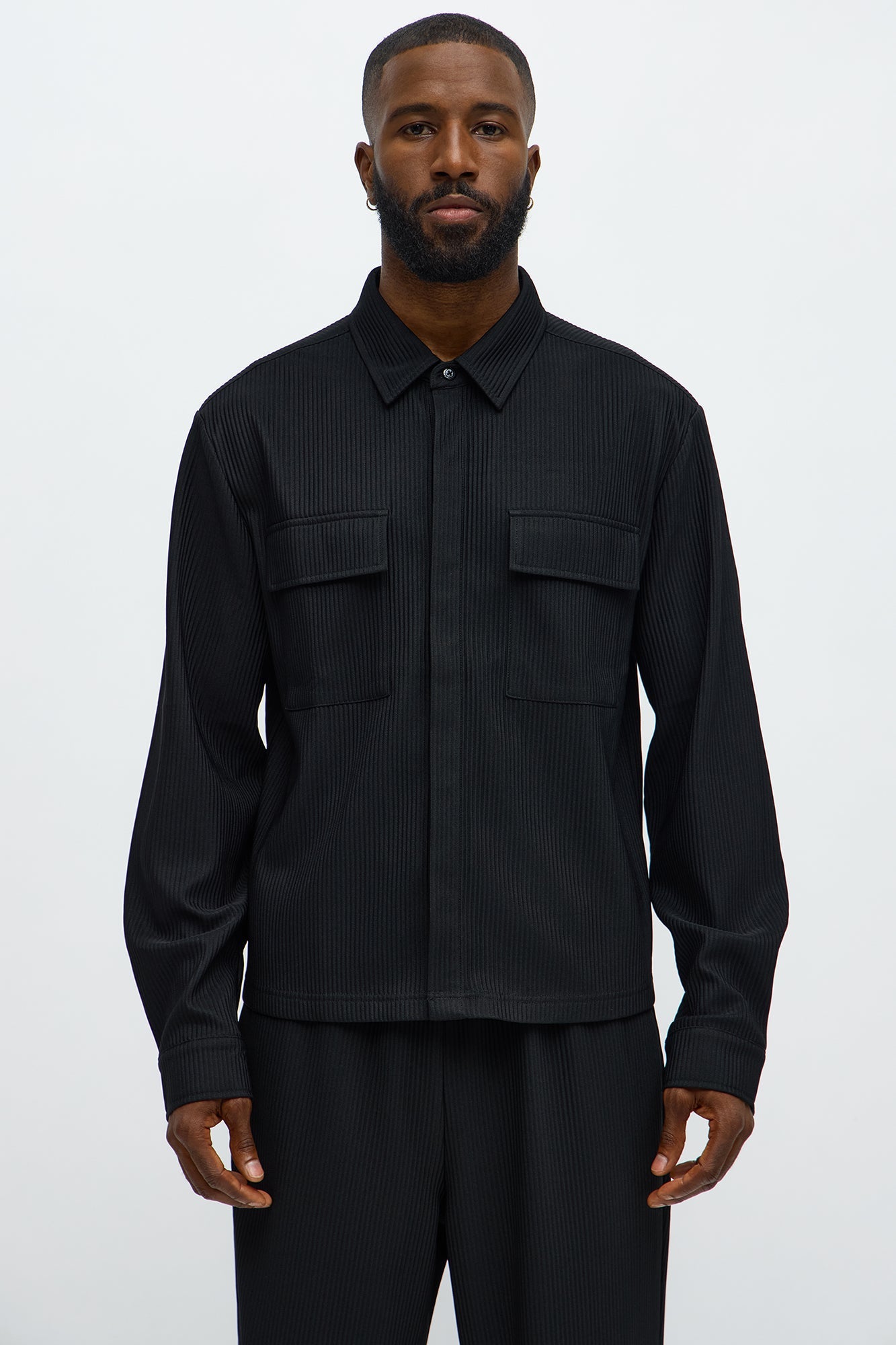 Show Up Cropped Long Sleeve Button Up Shirt - Black