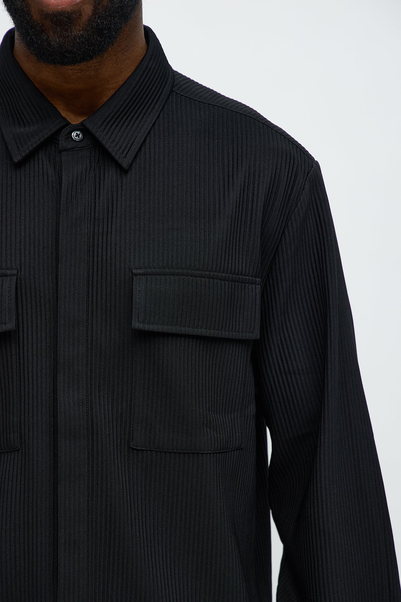 Show Up Cropped Long Sleeve Button Up Shirt - Black