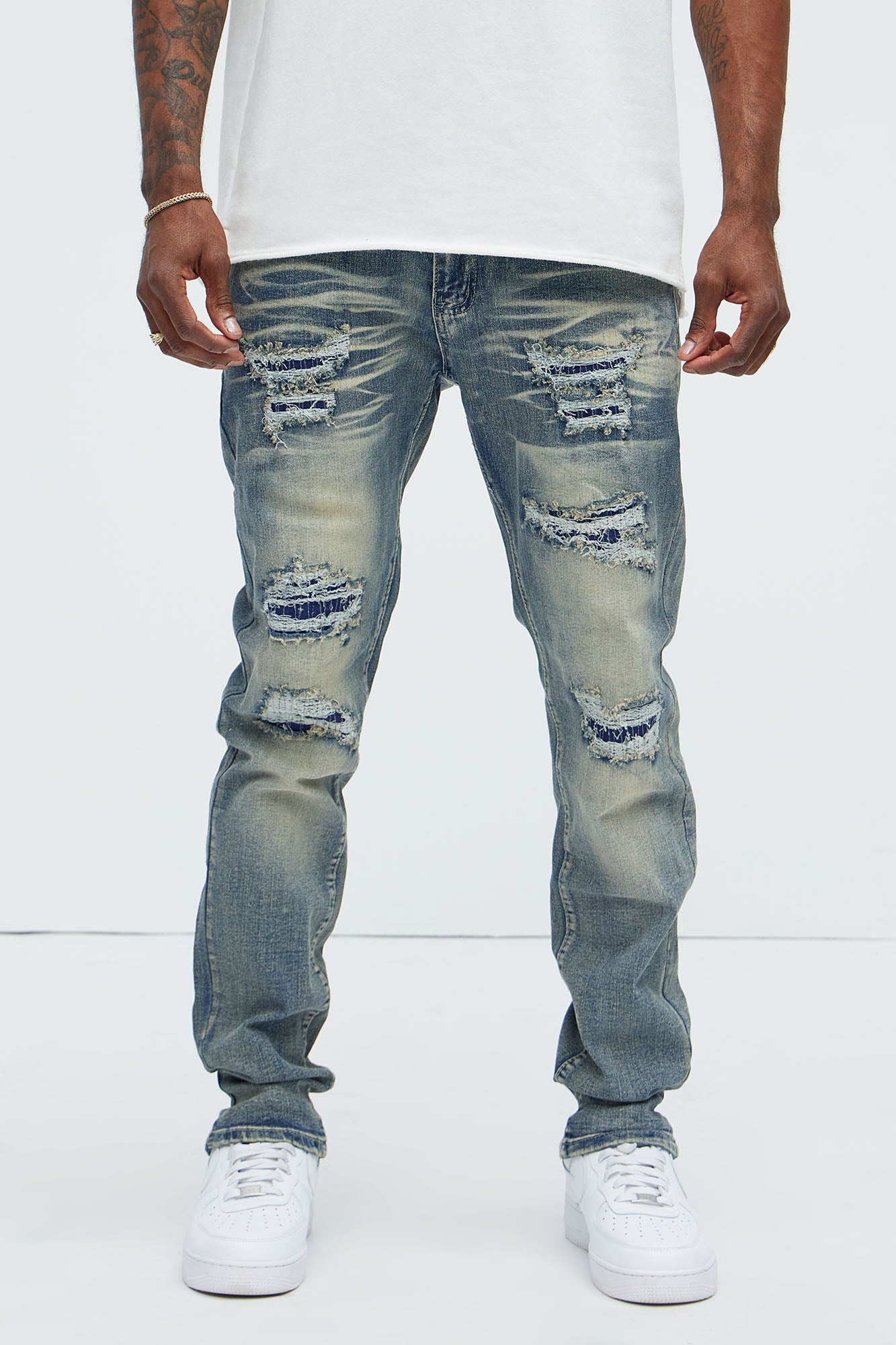 Come My Way Ripped Stacked Skinny Jeans - Dark Wash