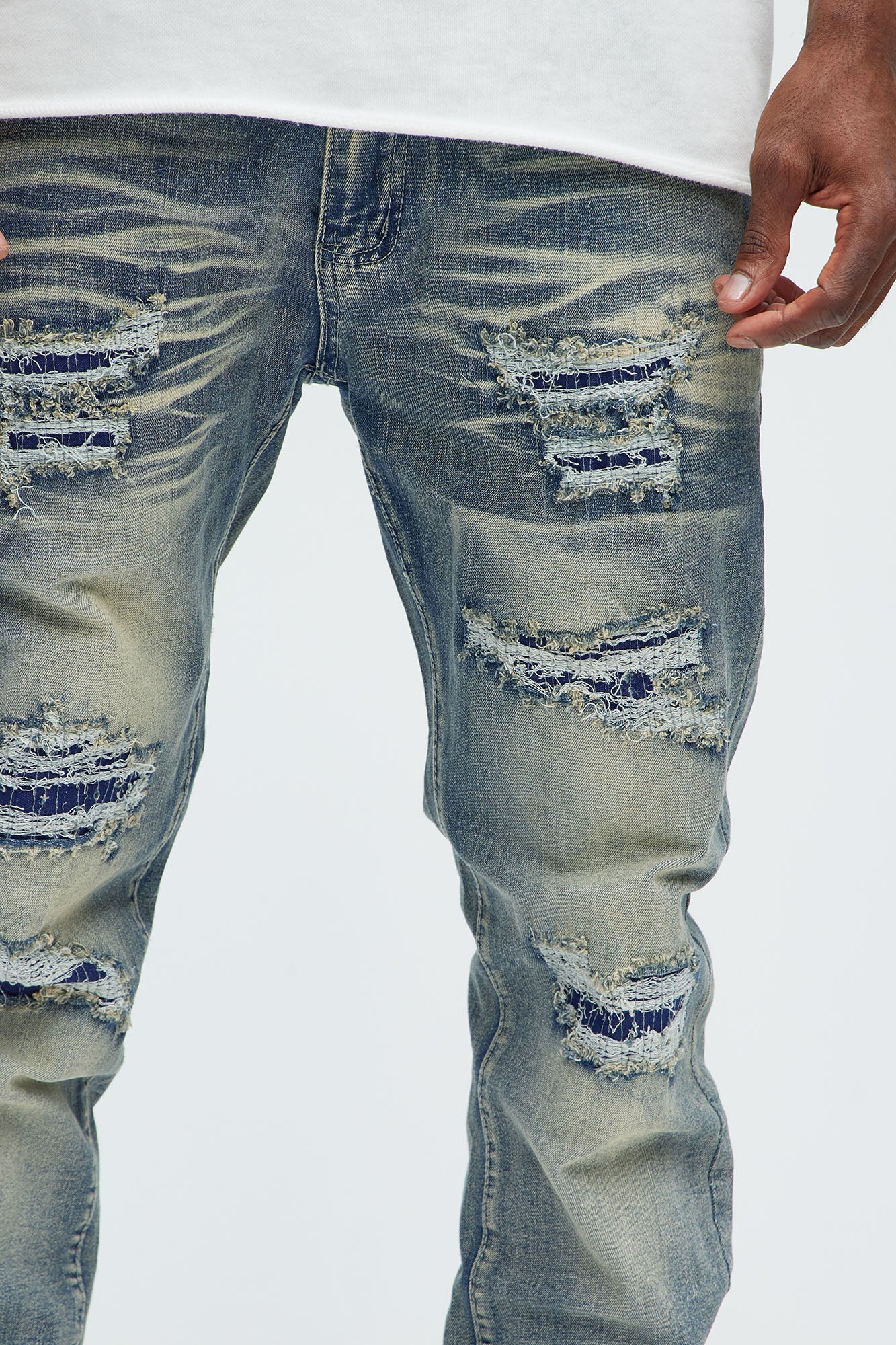 Come My Way Ripped Stacked Skinny Jeans - Dark Wash