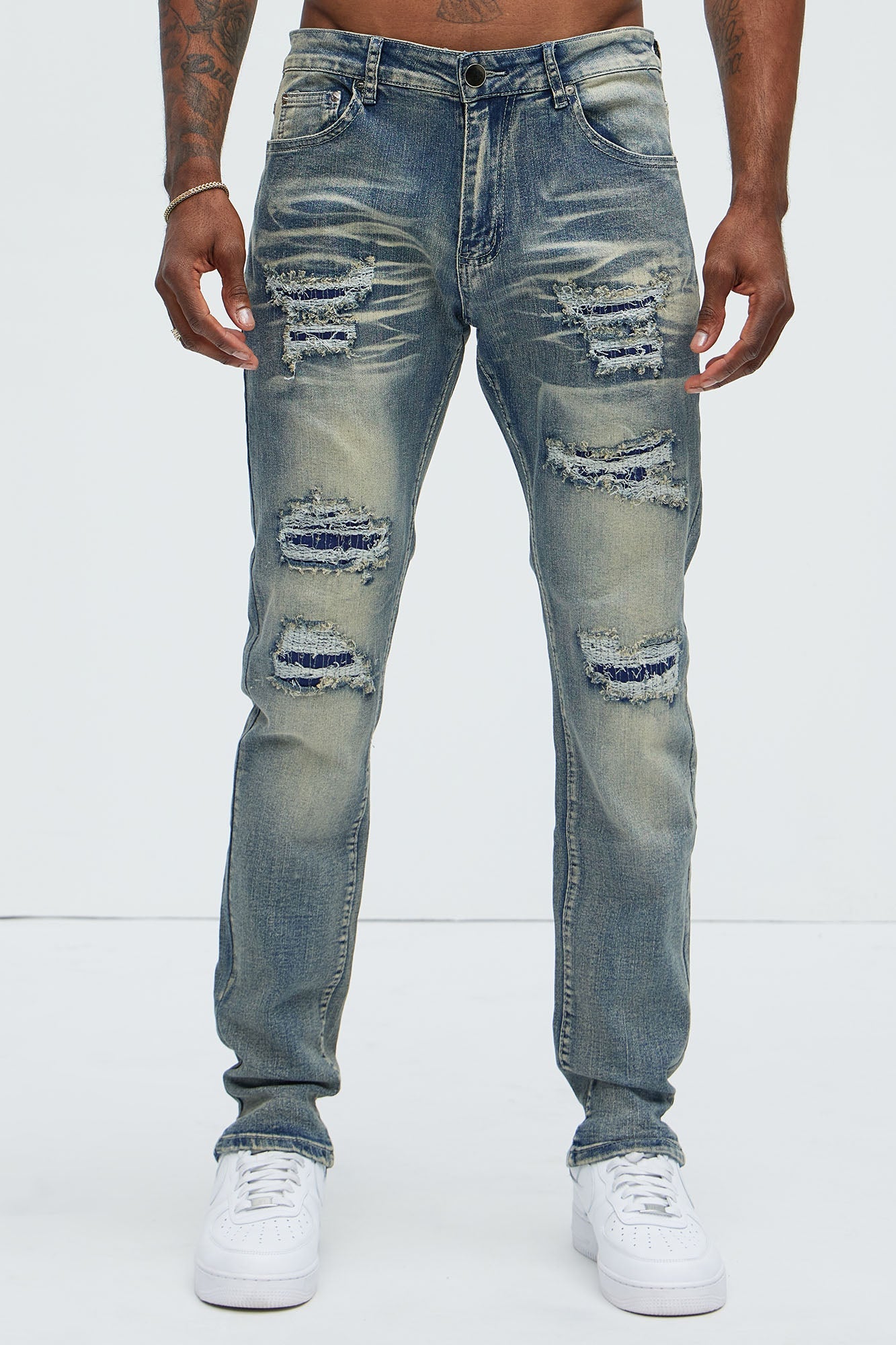 Come My Way Ripped Stacked Skinny Jeans - Dark Wash