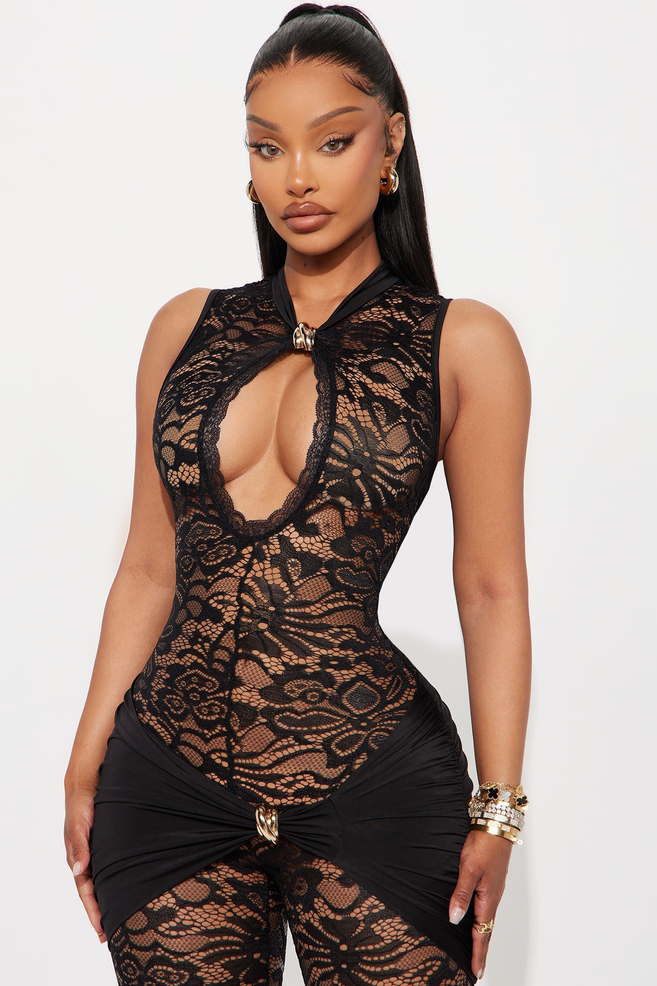 Come Closer Lace Flare Leg Jumpsuit - Black