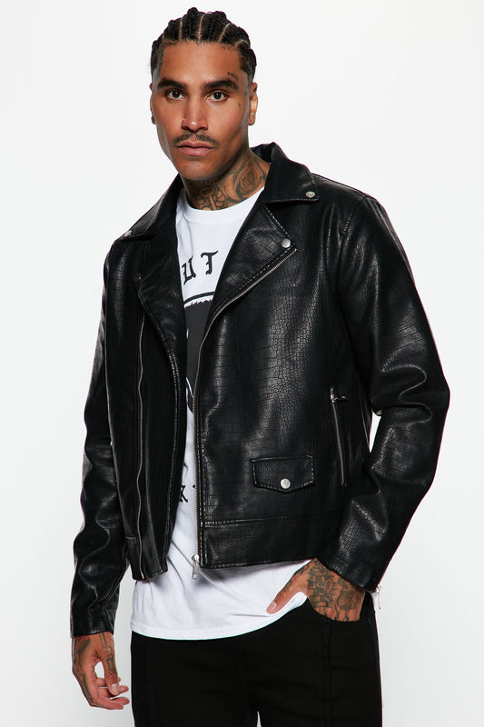 Crocodile Faux Leather Moto Jacket - Black