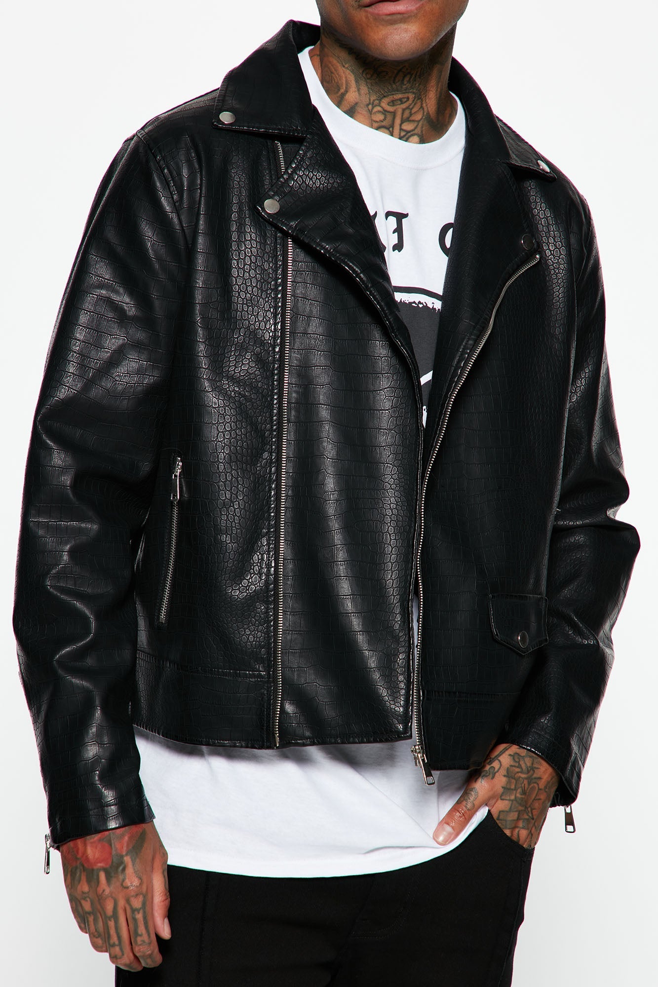 Crocodile Faux Leather Moto Jacket - Black