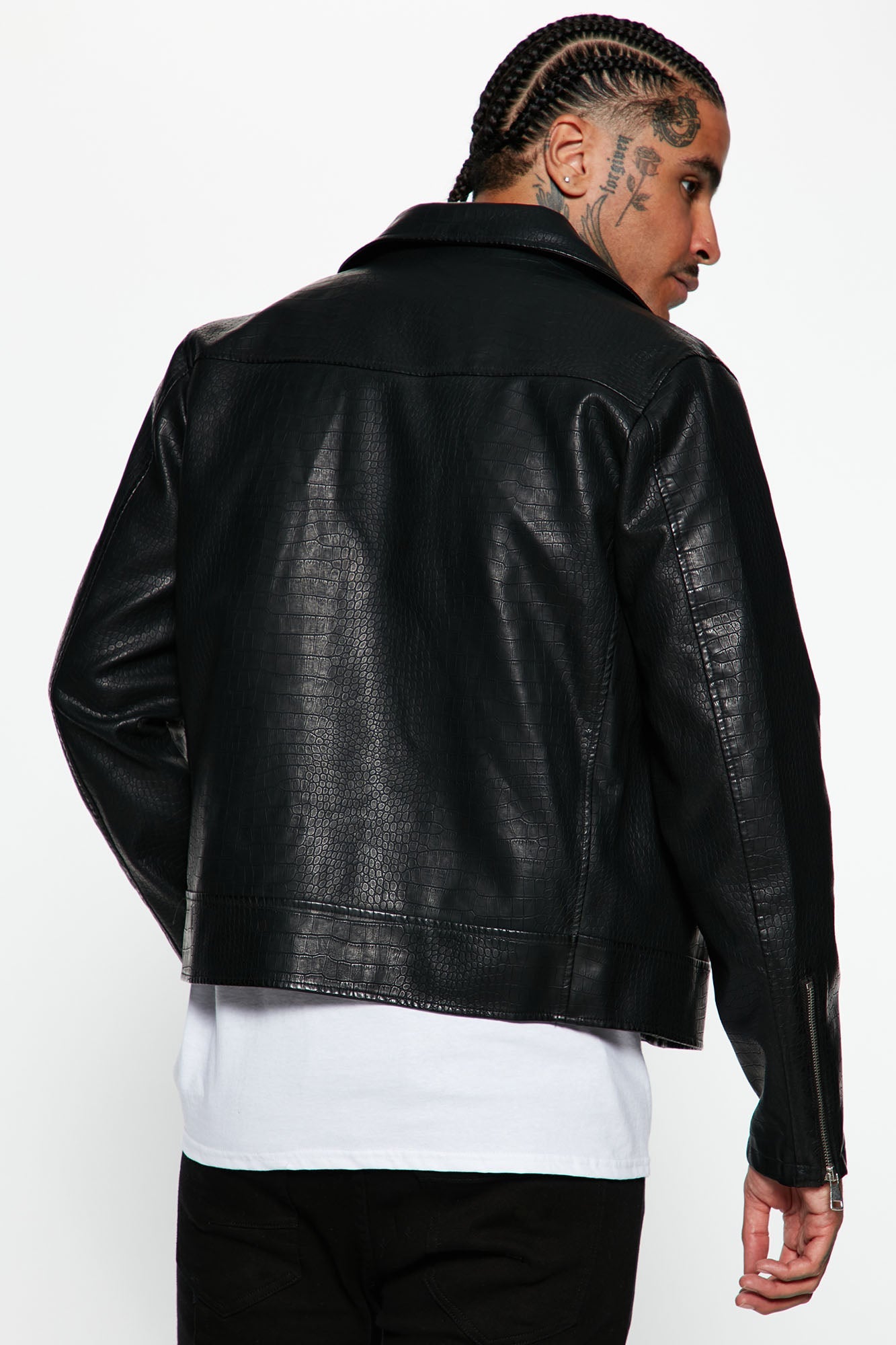 Crocodile Faux Leather Moto Jacket - Black