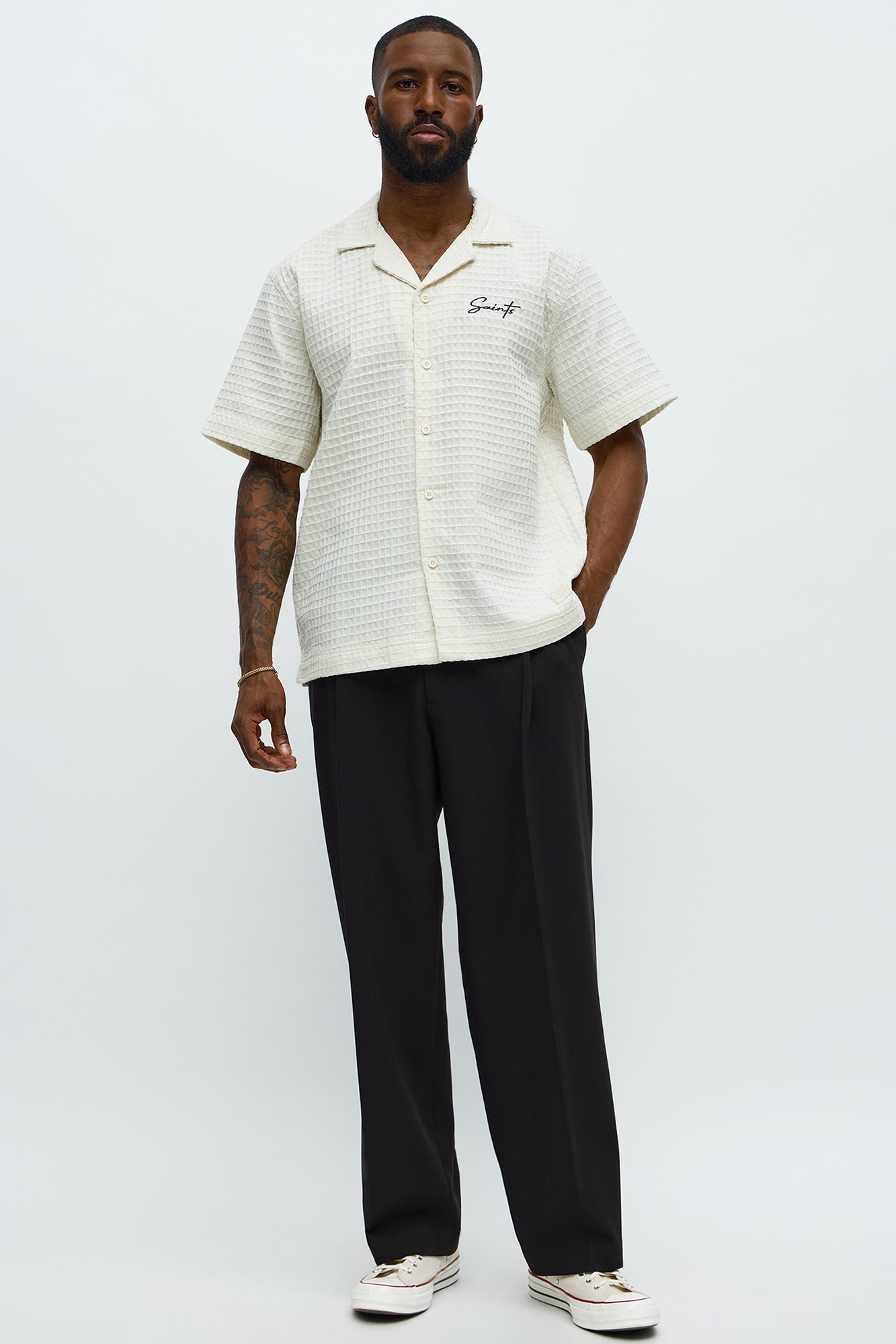 Diamond Weave Cuban Button Up Shirt - Off White