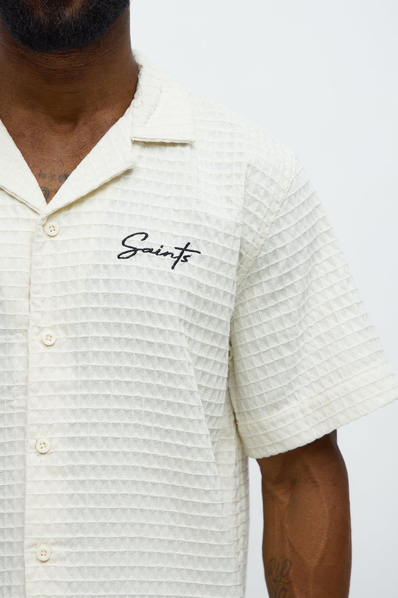 Diamond Weave Cuban Button Up Shirt - Off White