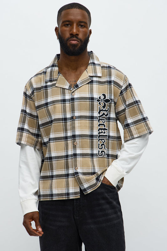 Fearless Flannel Cropped Long Sleeve Button Up Shirt - Brown