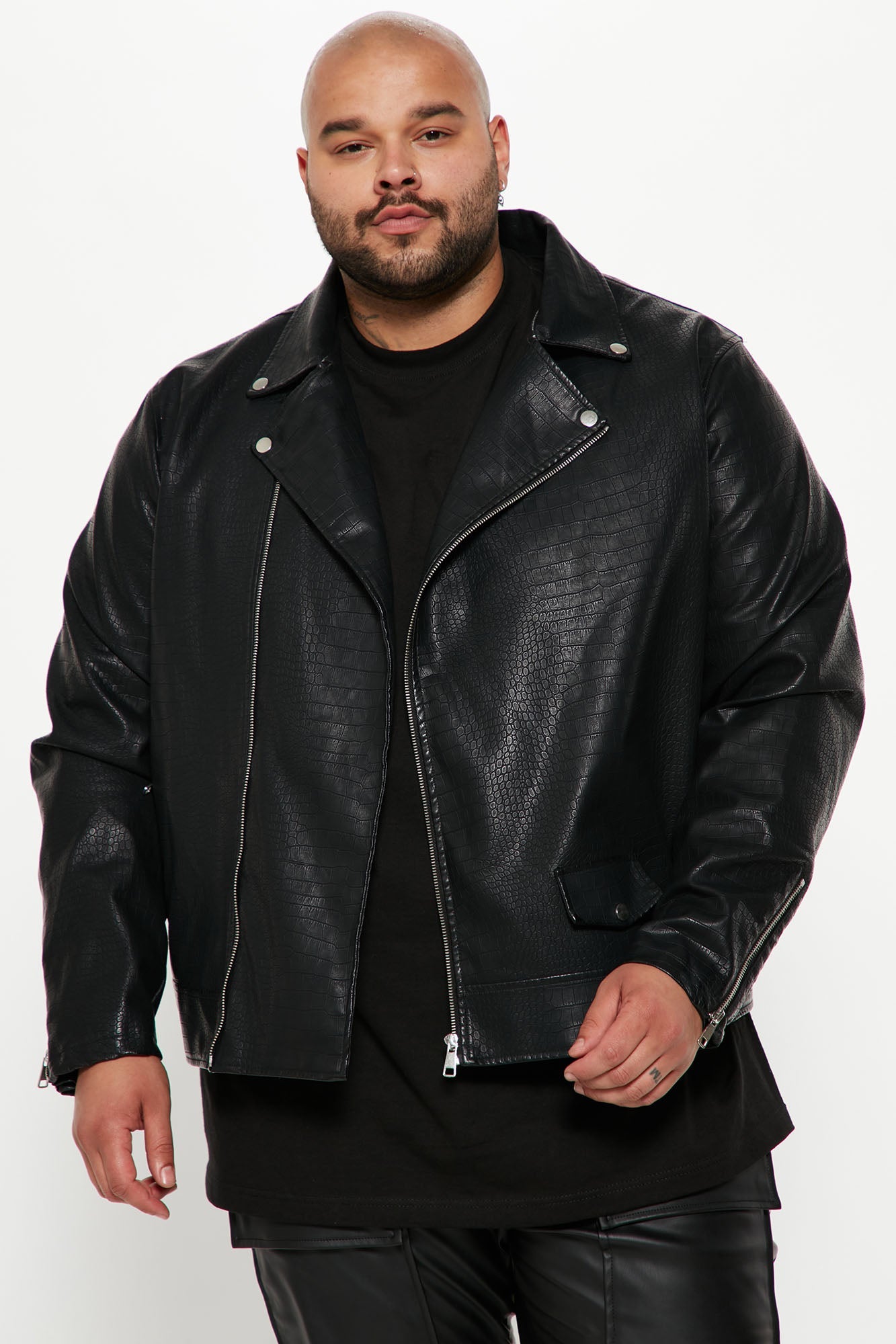 Crocodile Faux Leather Moto Jacket - Black
