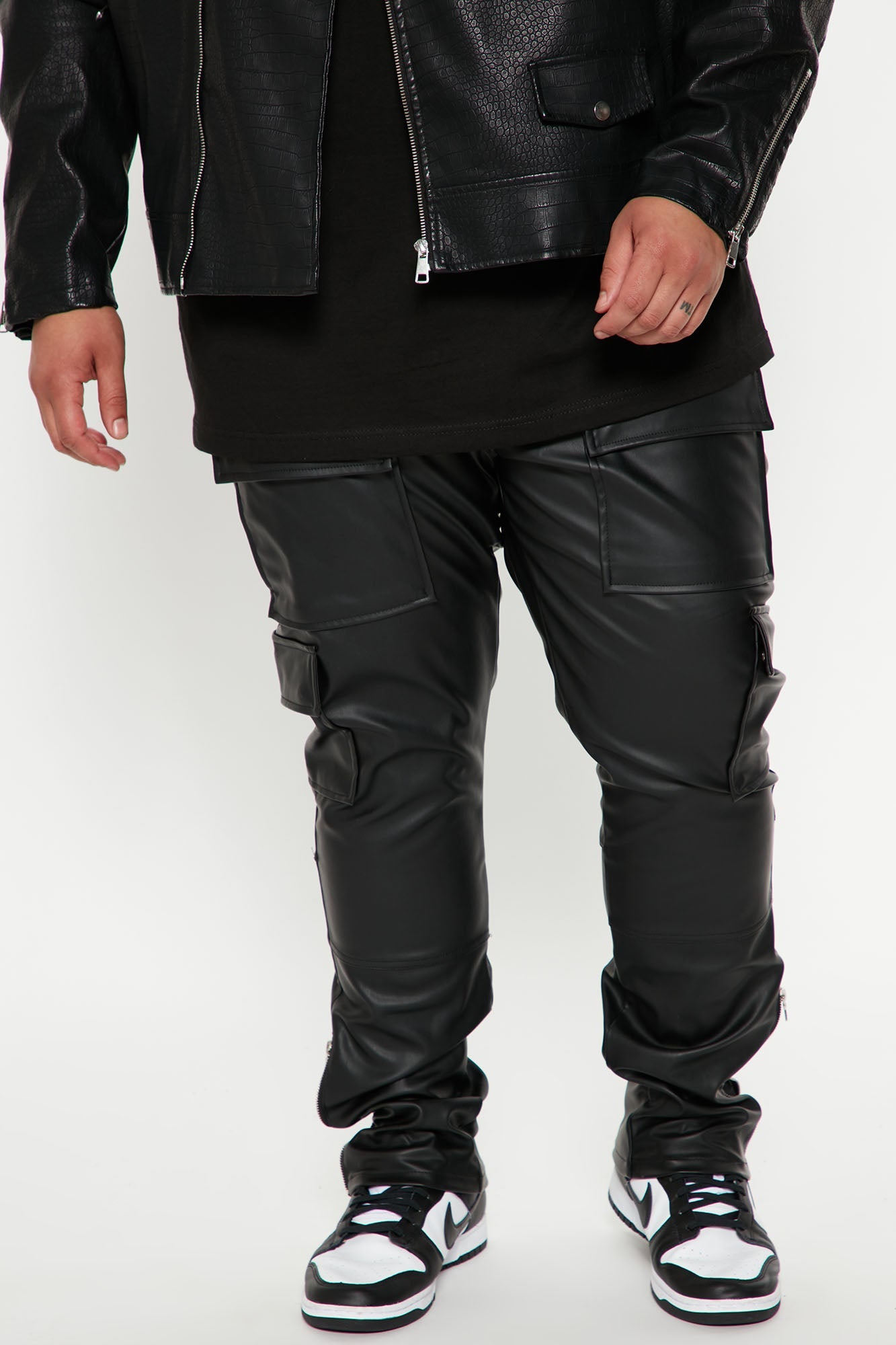 Zip It Faux Leather Slim Cargo Pants - Black