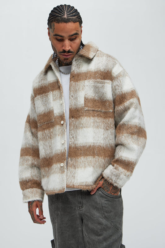 Move Up Plaid Shacket - Tan
