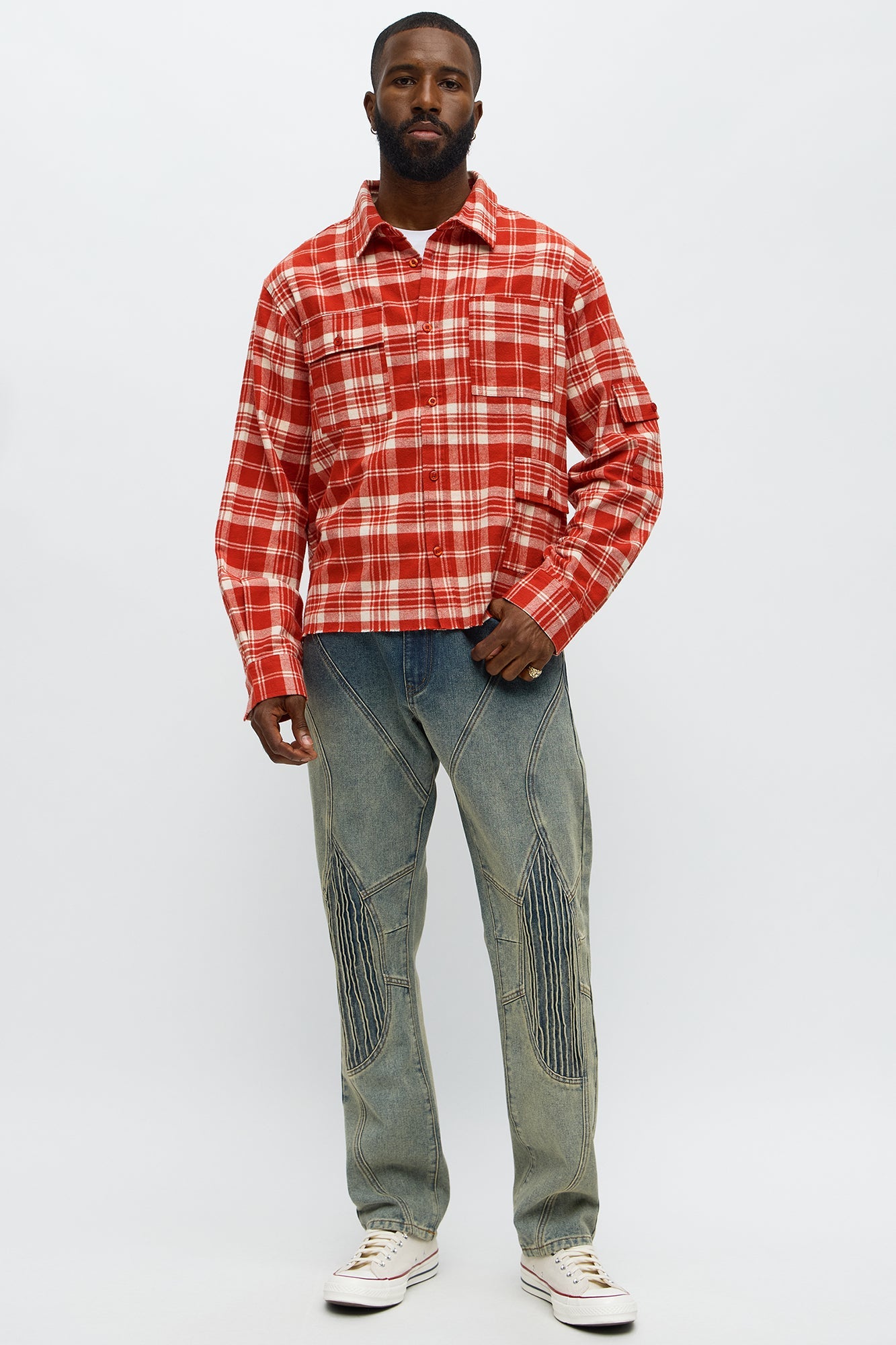 Cropped Cargo Pocket Flannel Button Up - Red/combo