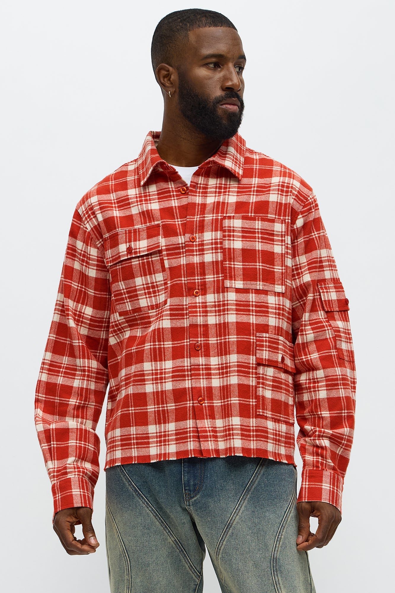 Cropped Cargo Pocket Flannel Button Up - Red/combo