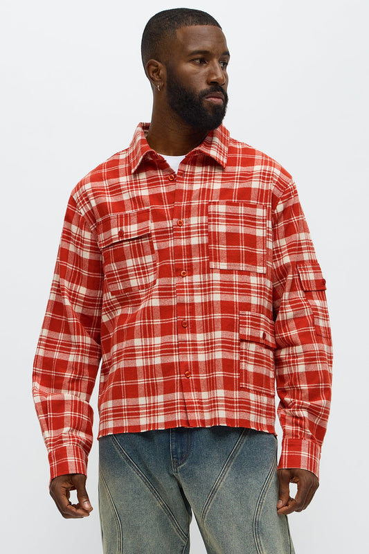 Cropped Cargo Pocket Flannel Button Up - Red/combo