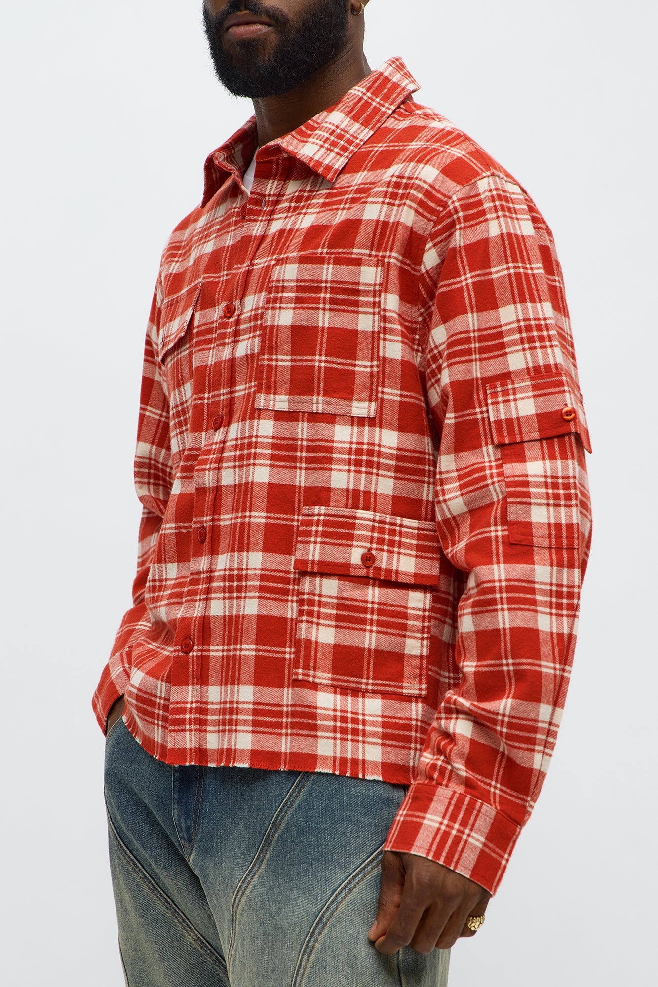 Cropped Cargo Pocket Flannel Button Up - Red/combo