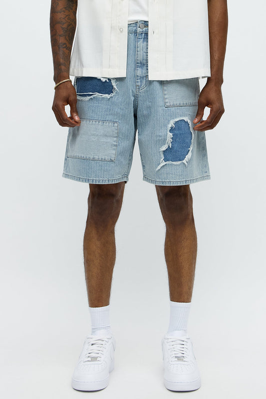 Relaxed Contrast Distressed Denim Short - Medium Wash