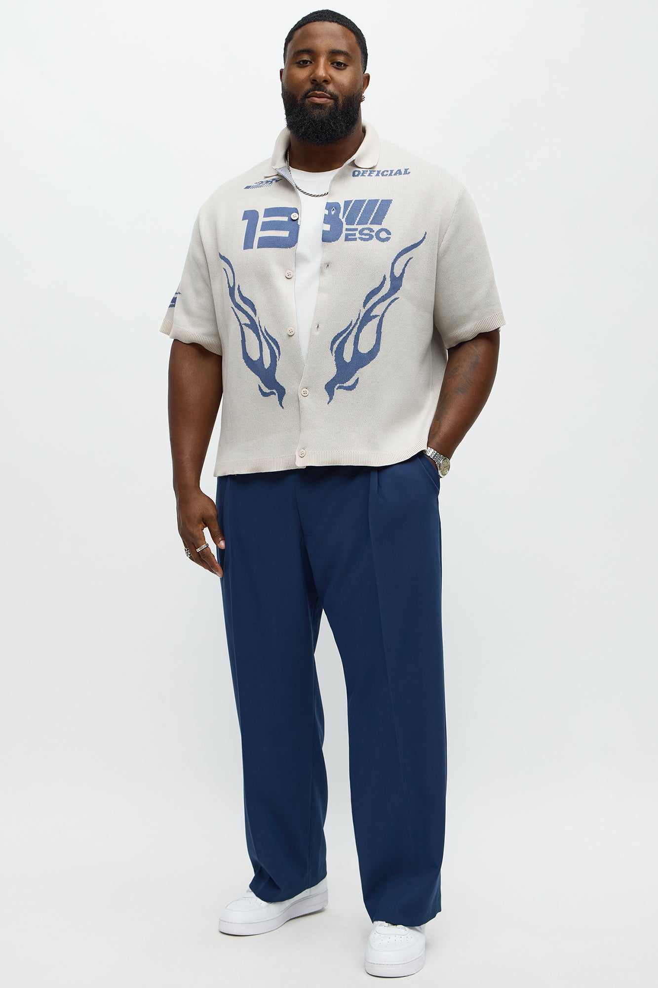 Regular Fit 13 Button Up Sweater Shirt - Cream/combo