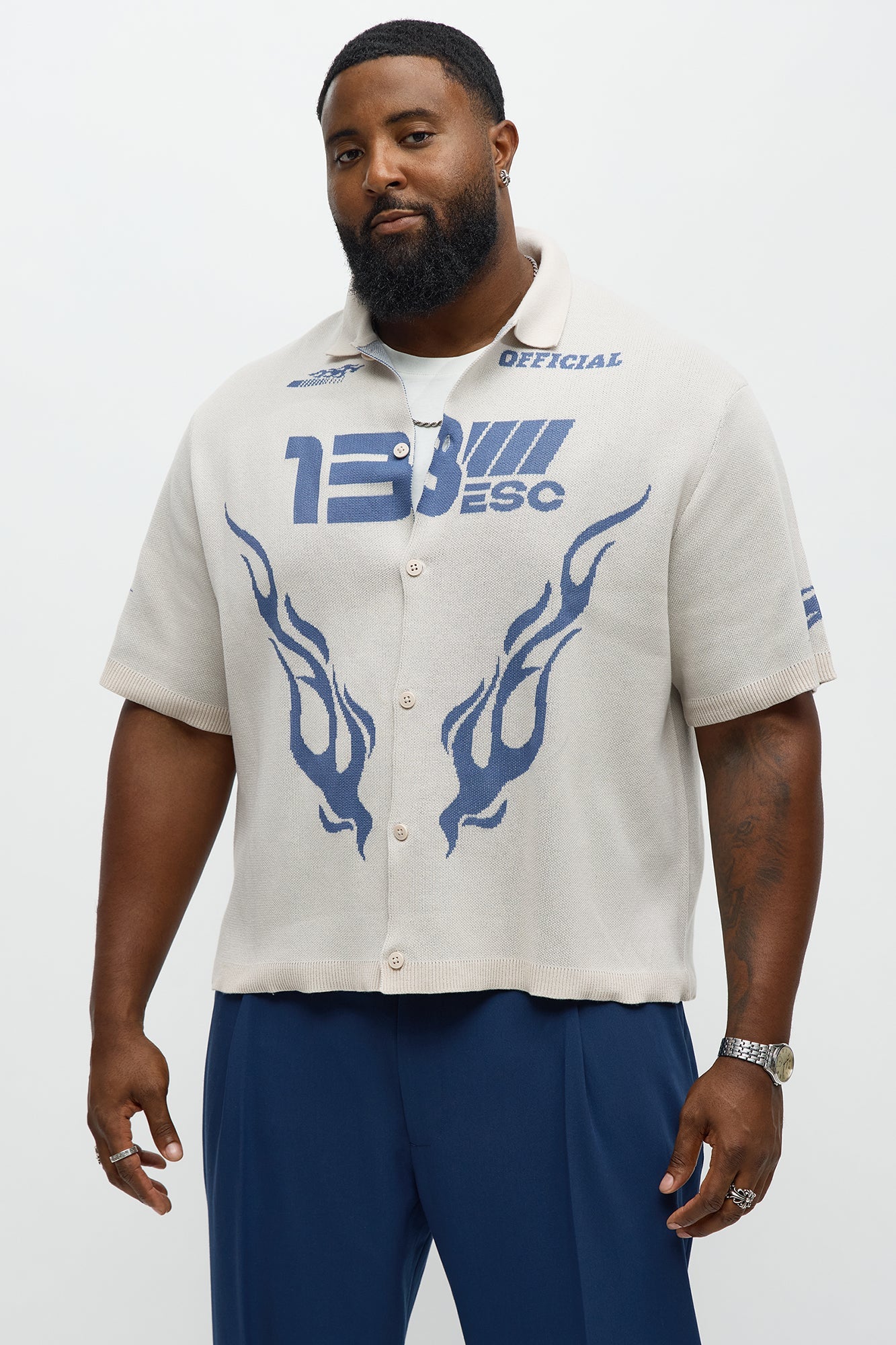 Regular Fit 13 Button Up Sweater Shirt - Cream/combo