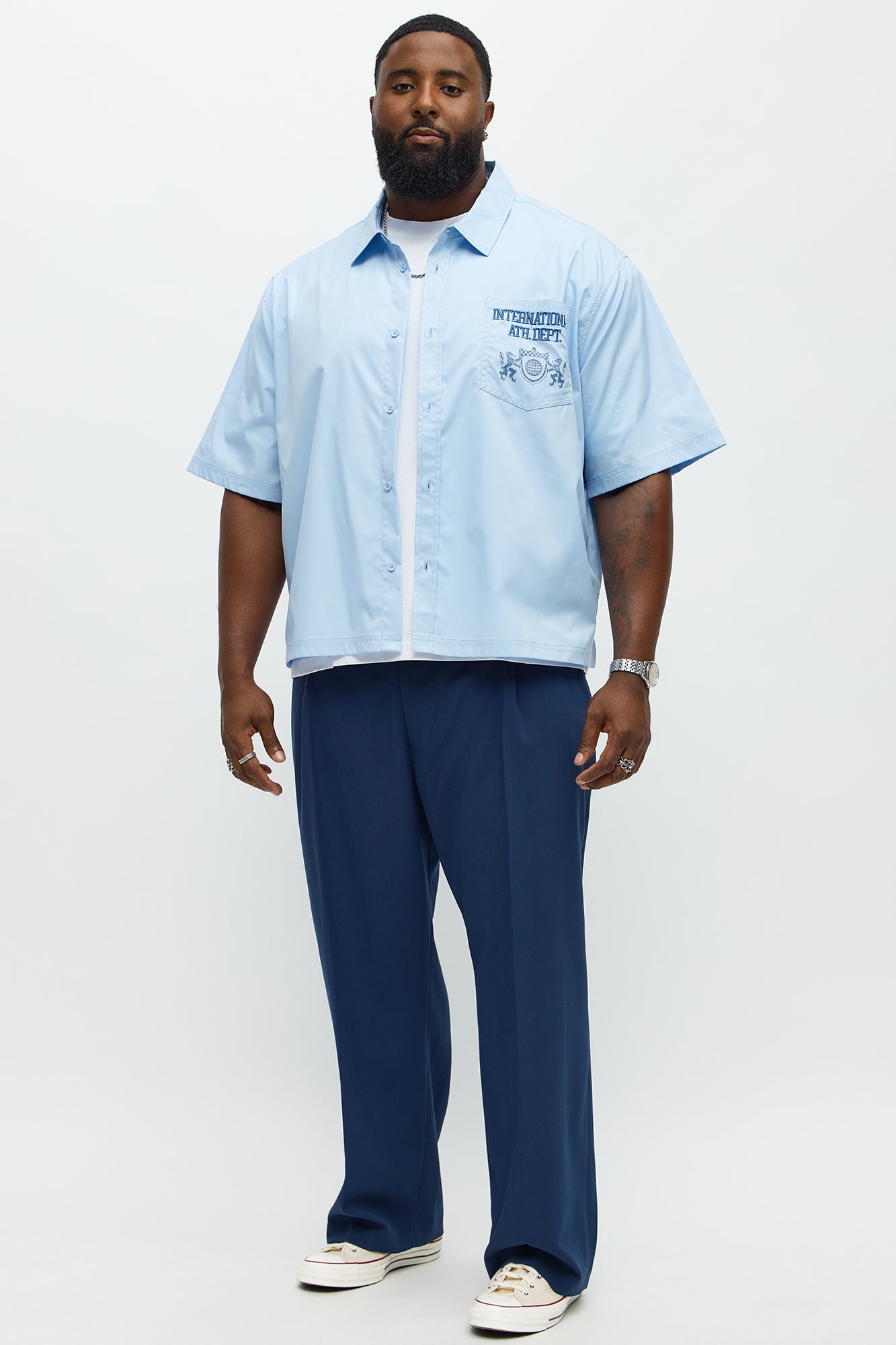 Cropped Athletic Dept. Short Sleeve Button Up Shirt - Blue