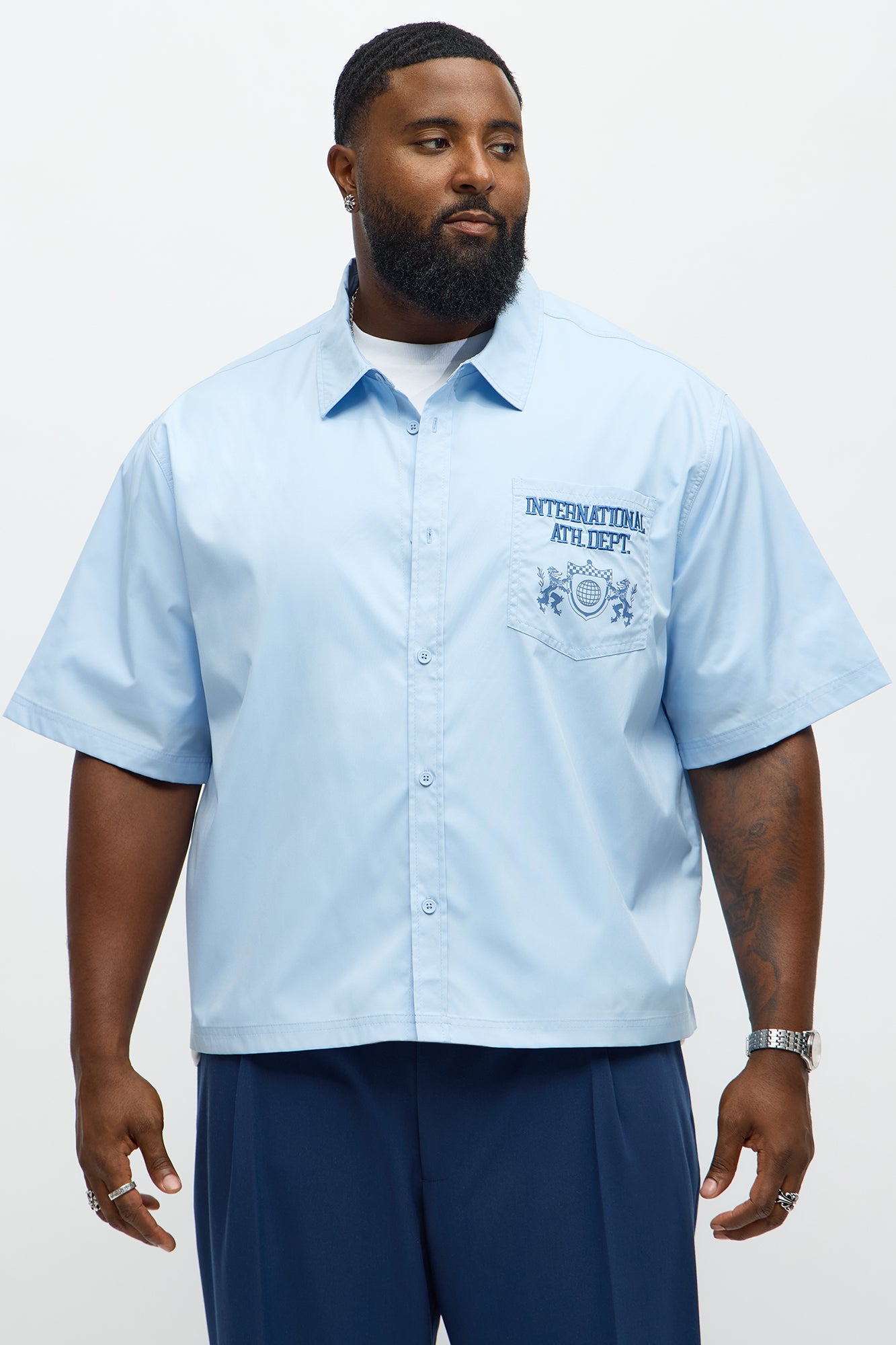 Cropped Athletic Dept. Short Sleeve Button Up Shirt - Blue