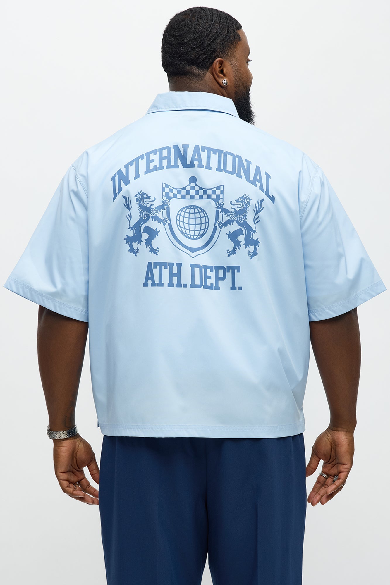 Cropped Athletic Dept. Short Sleeve Button Up Shirt - Blue