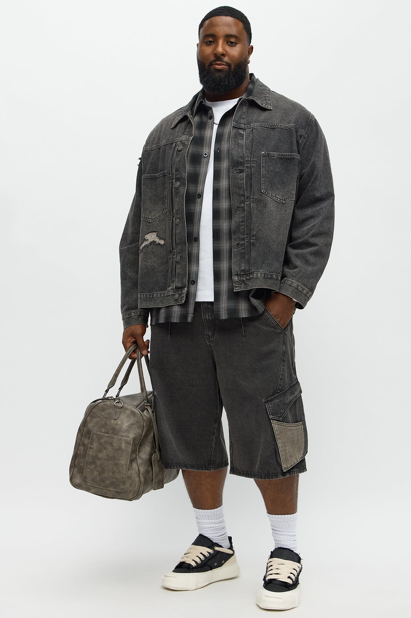 Baggy Bit Contrast Cargo Denim Short - Black Wash