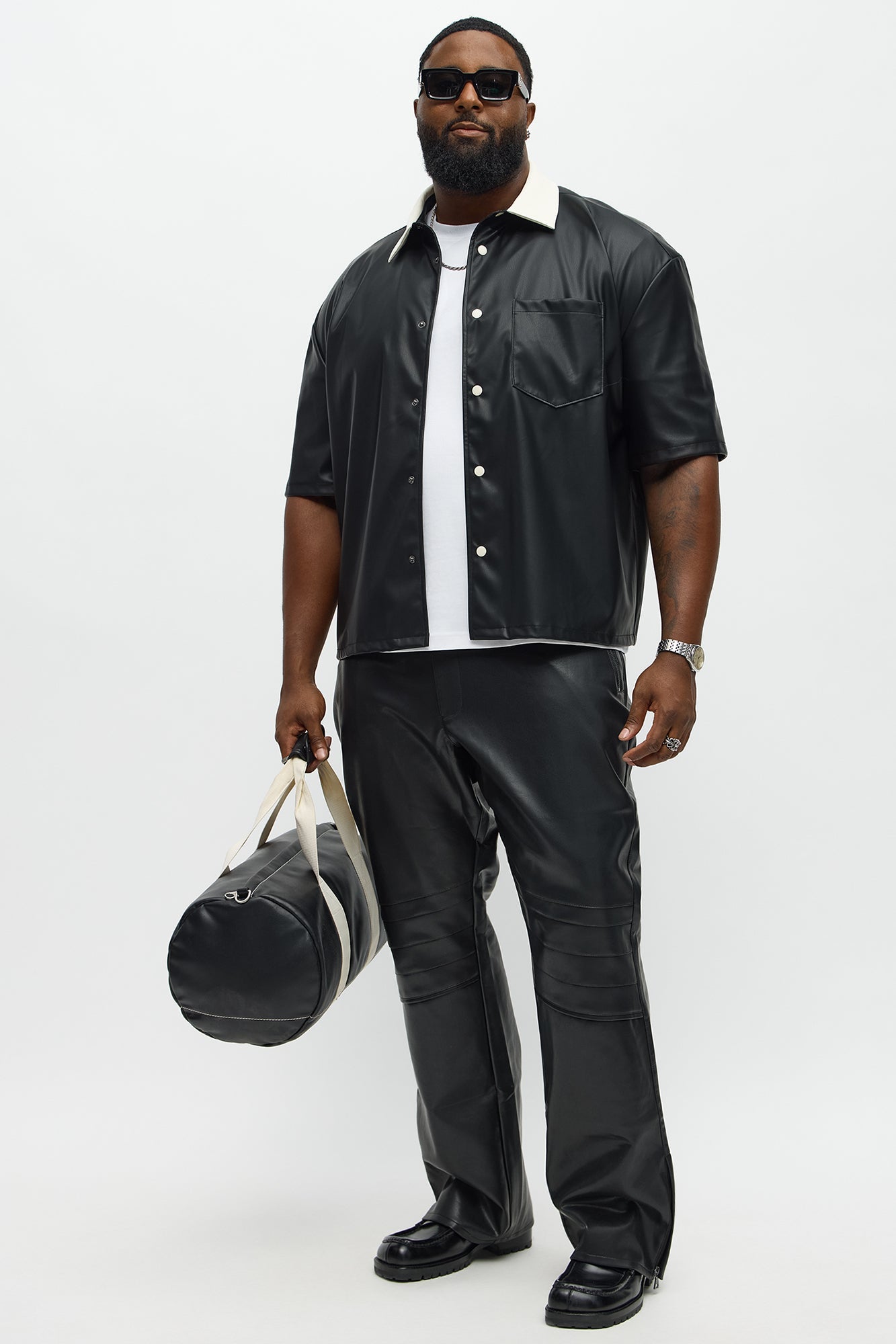 Cropped Colored Collar Faux leather Button Up Shirt - Black