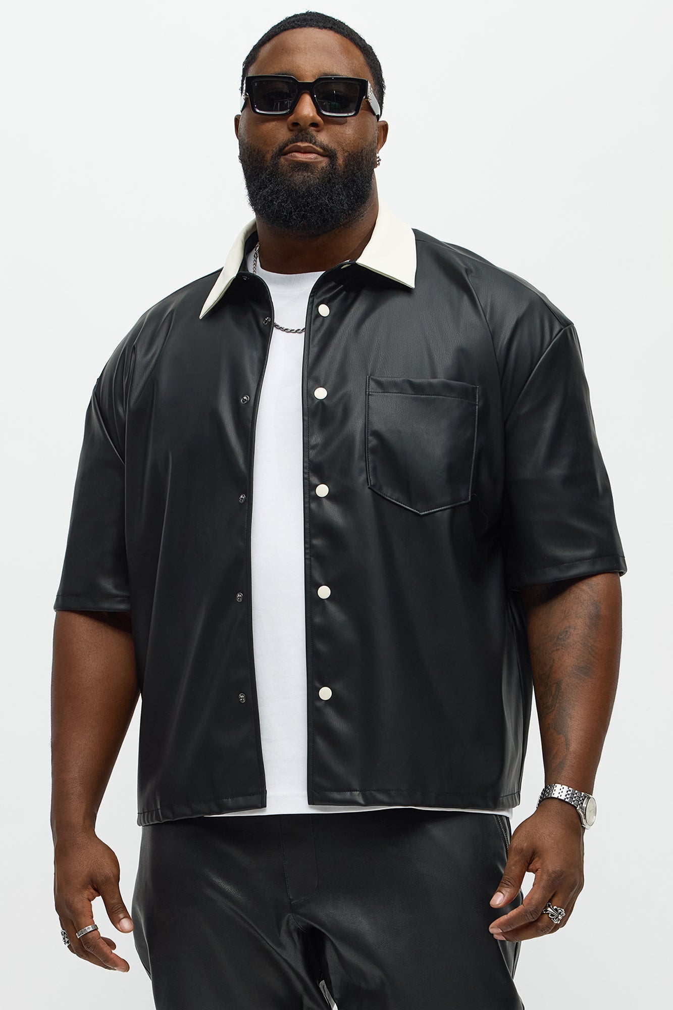 Cropped Colored Collar Faux leather Button Up Shirt - Black