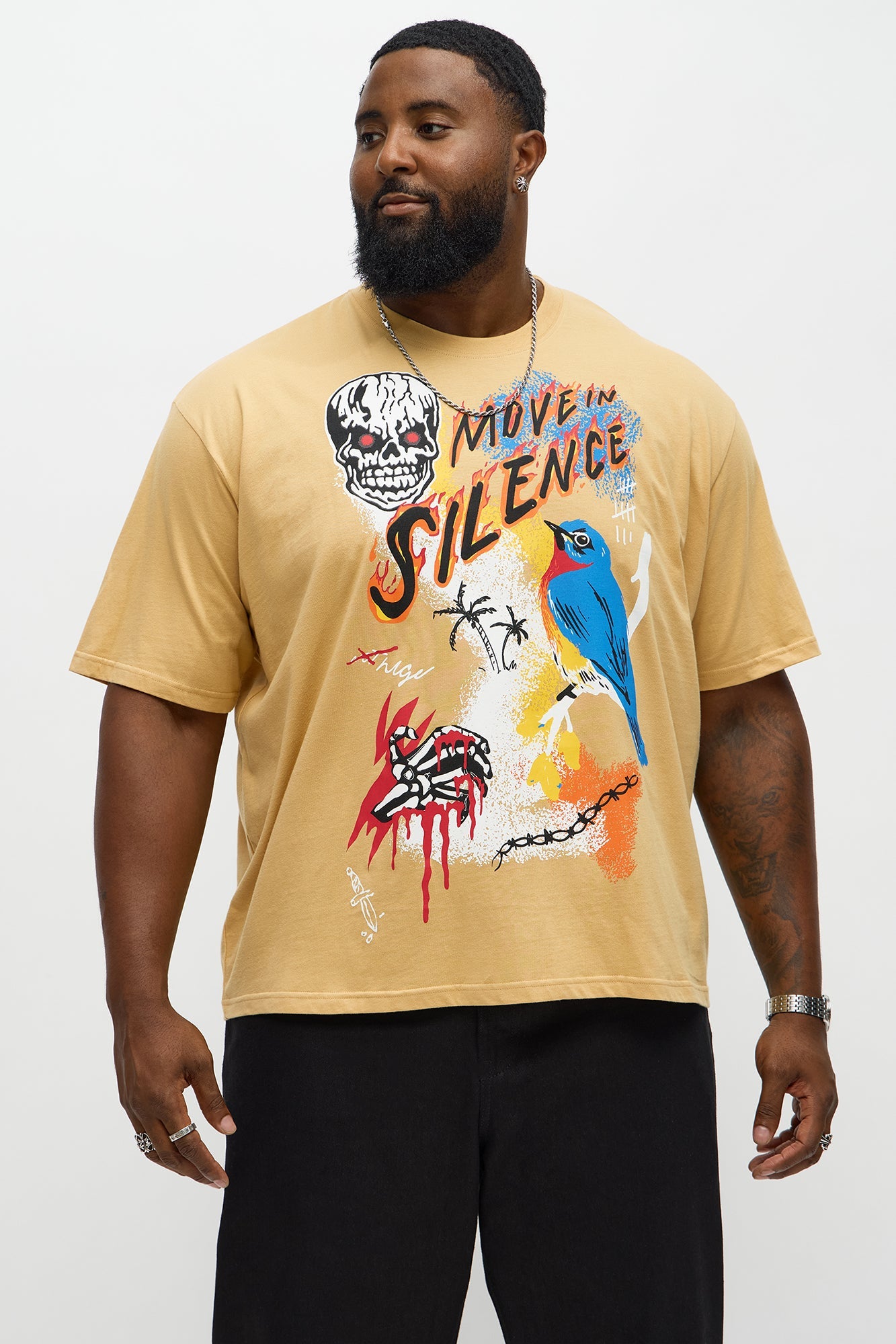 Move In Silence Skull Oversized Short Sleeve Tee - Khaki