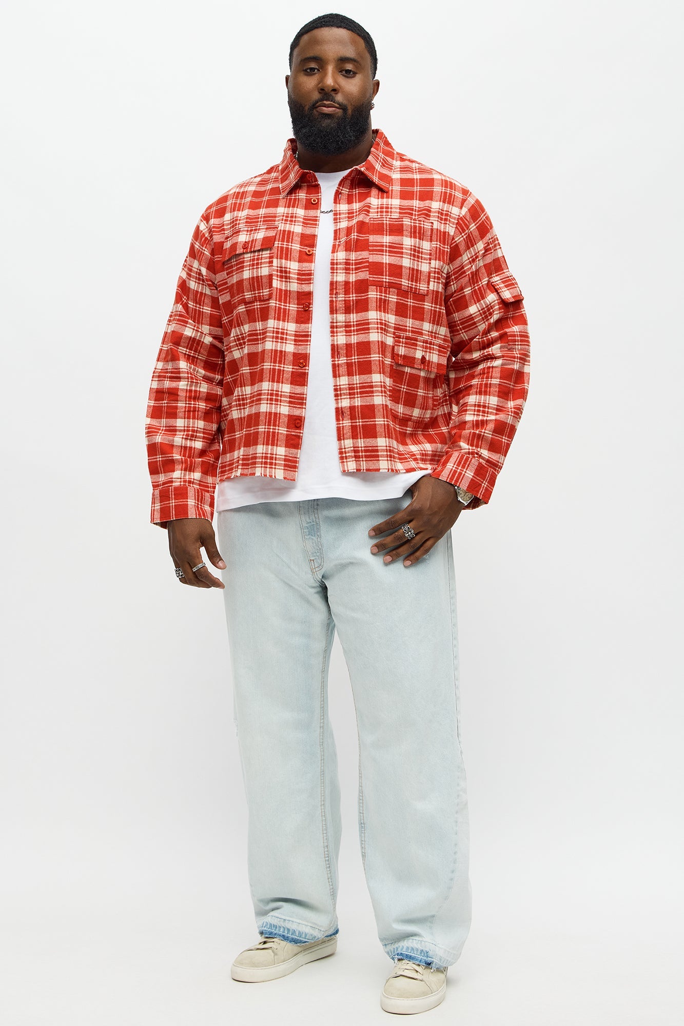 Cropped Cargo Pocket Flannel Button Up - Red/combo