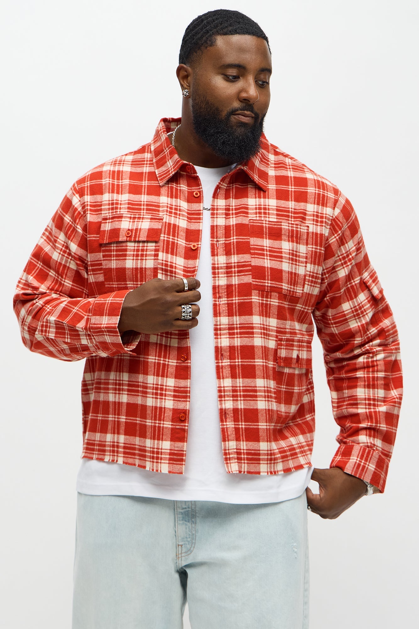 Cropped Cargo Pocket Flannel Button Up - Red/combo