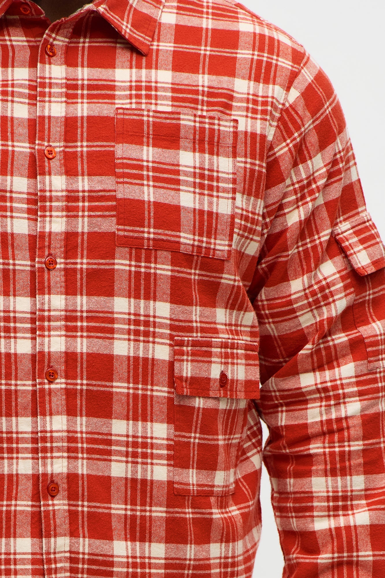 Cropped Cargo Pocket Flannel Button Up - Red/combo