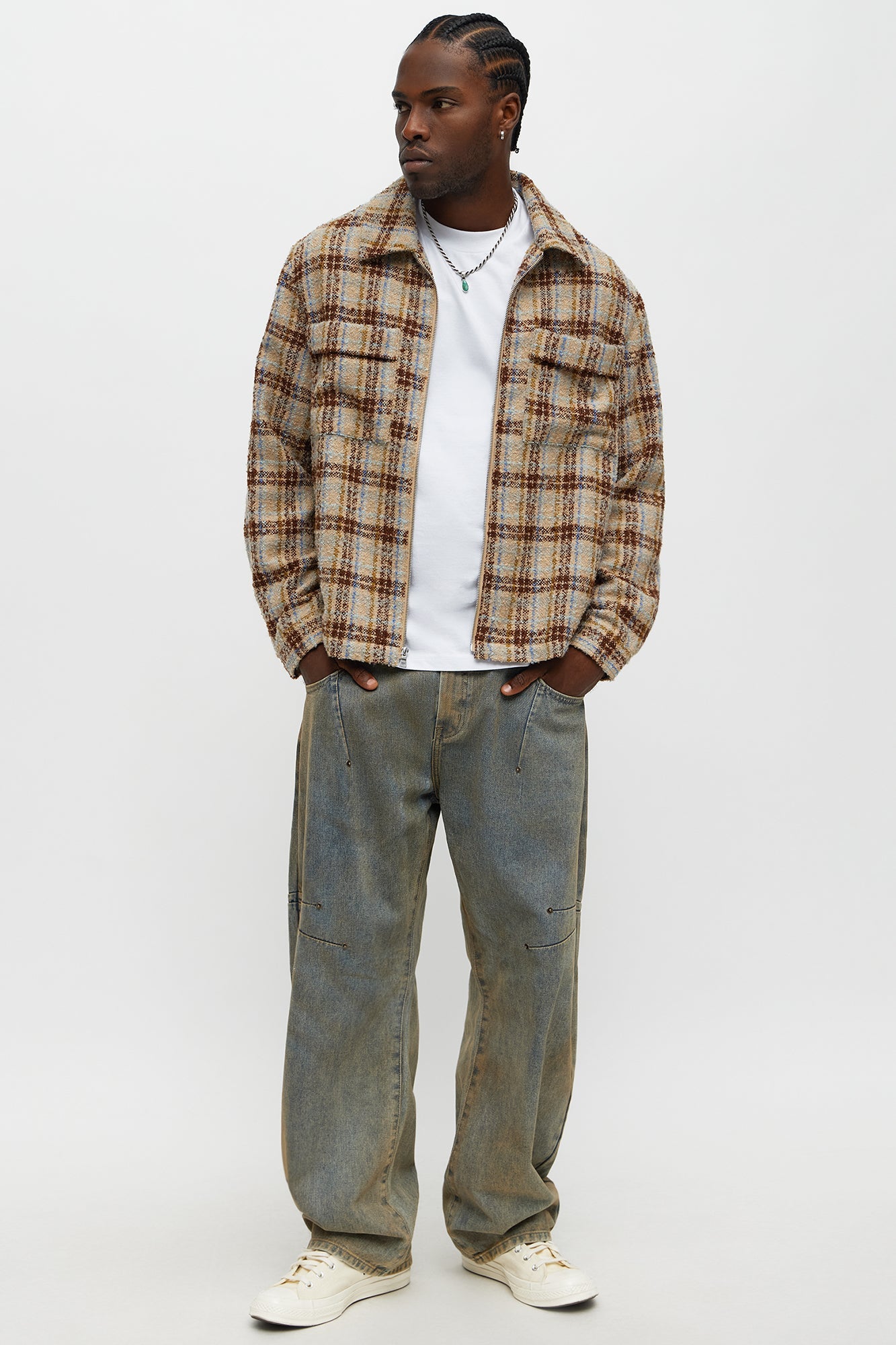 Textured Plaid Zip Jacket - Brown/combo