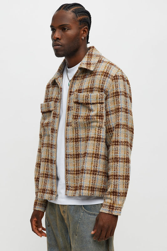 Textured Plaid Zip Jacket - Brown/combo