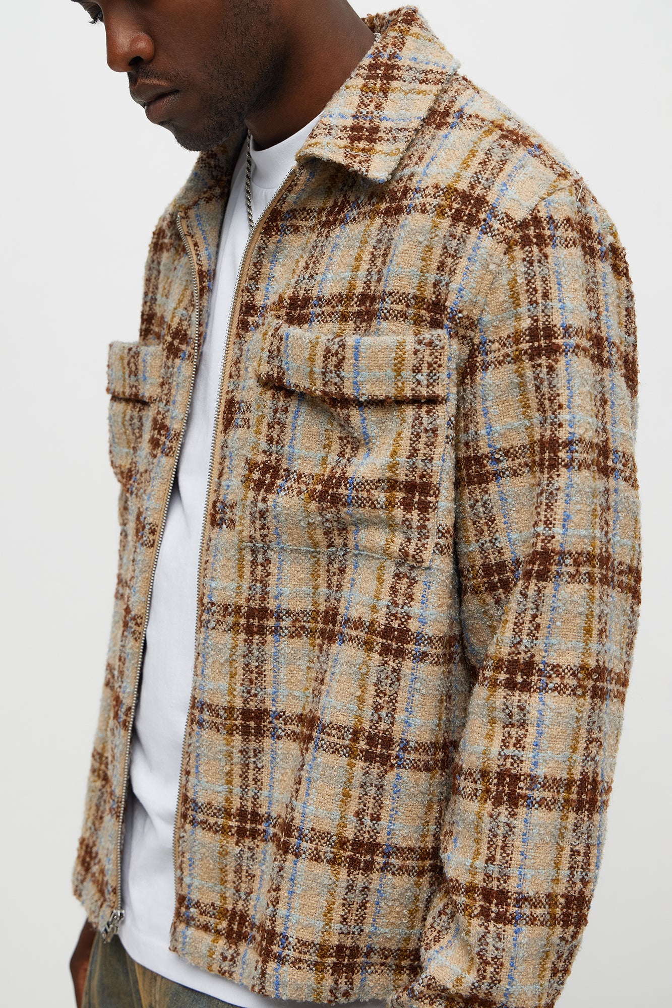 Textured Plaid Zip Jacket - Brown/combo