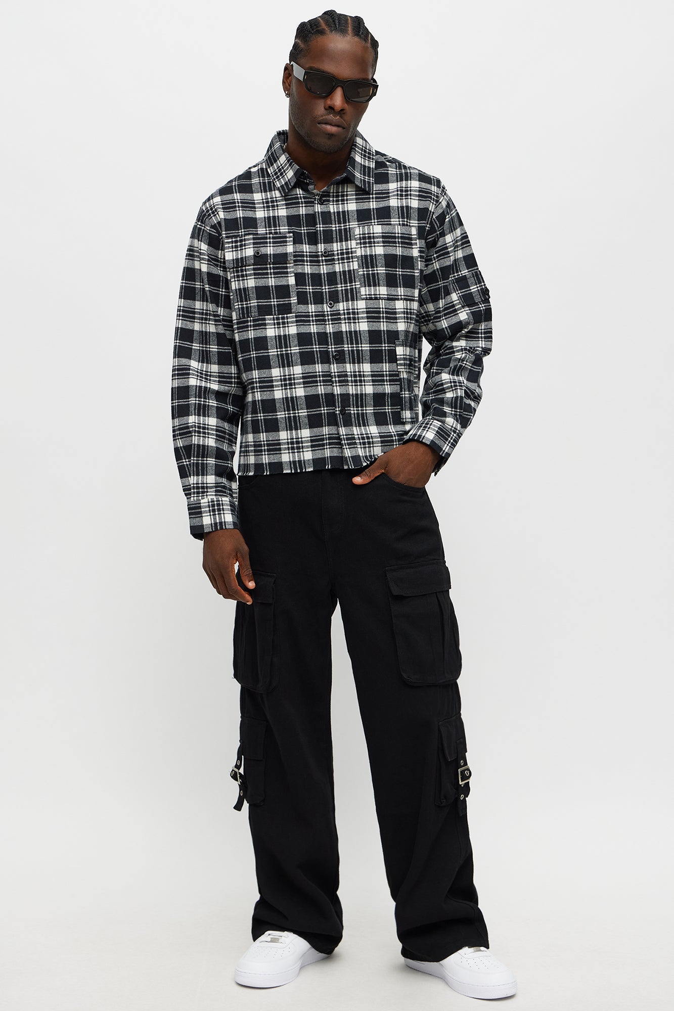 Cropped Cargo Pocket Flannel Button Up - Black