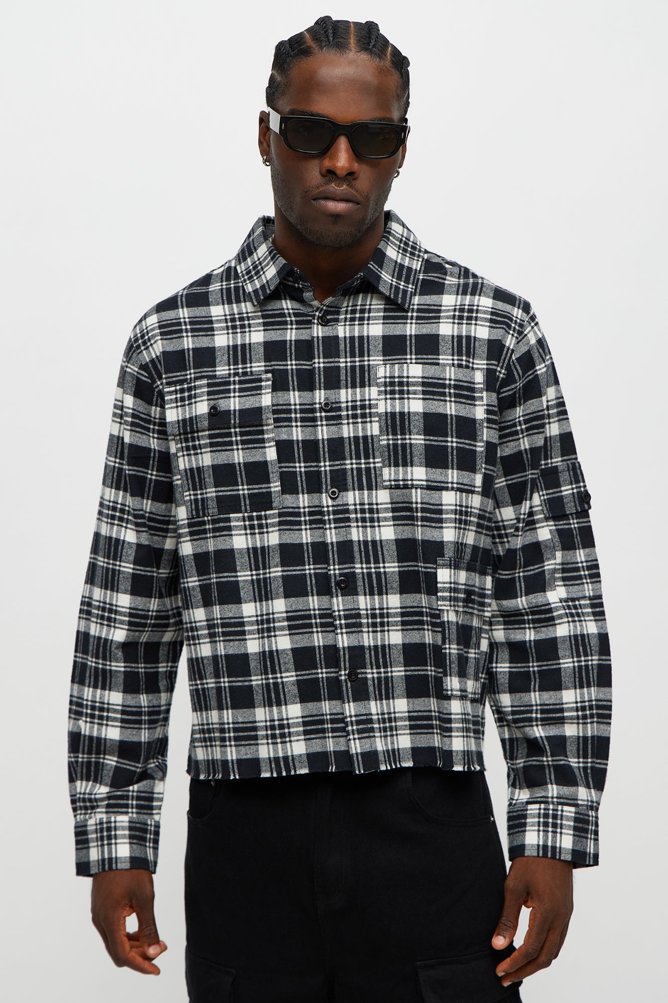Cropped Cargo Pocket Flannel Button Up - Black